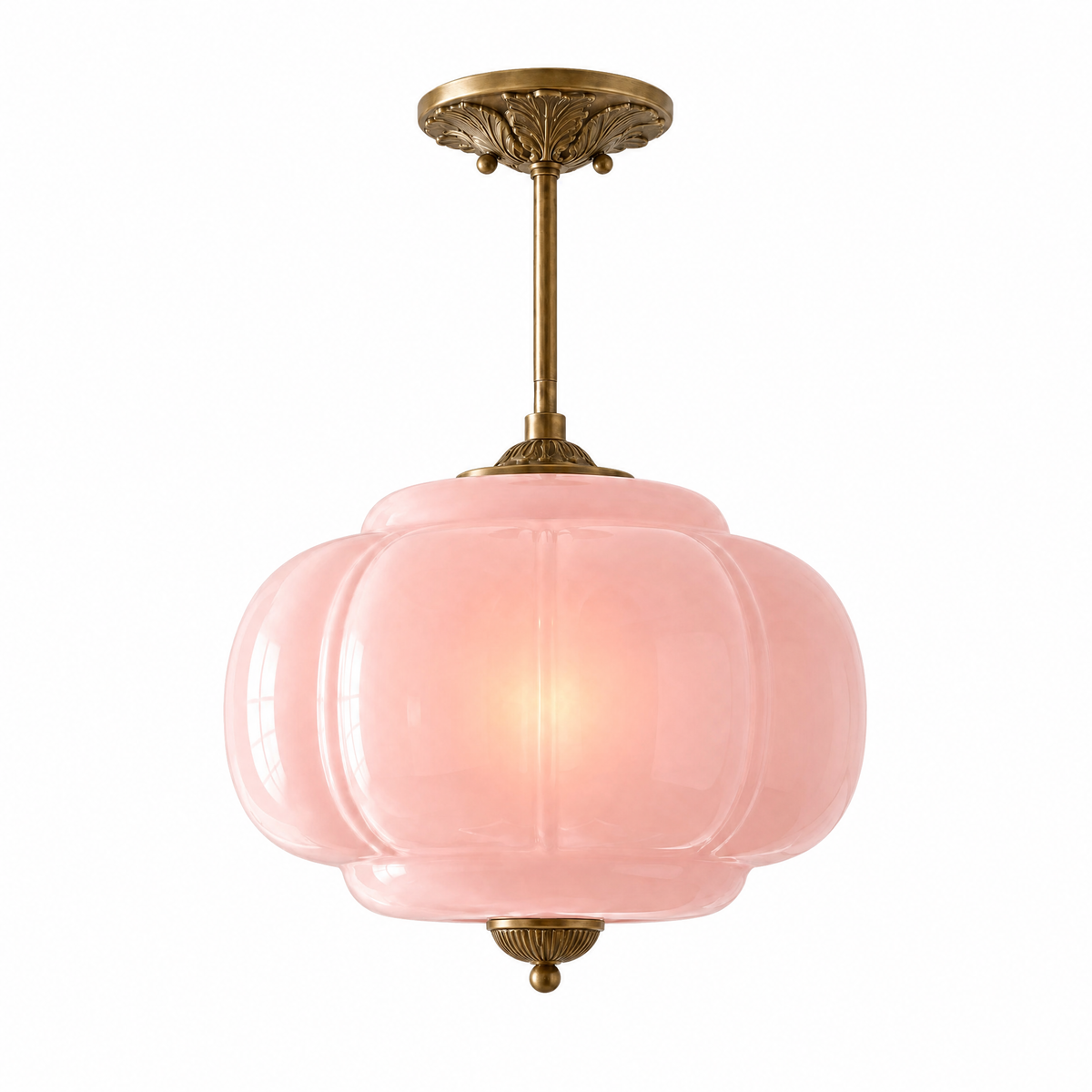 Zucca Lucente semi-flush pendant with pink fluted glass and antique brass