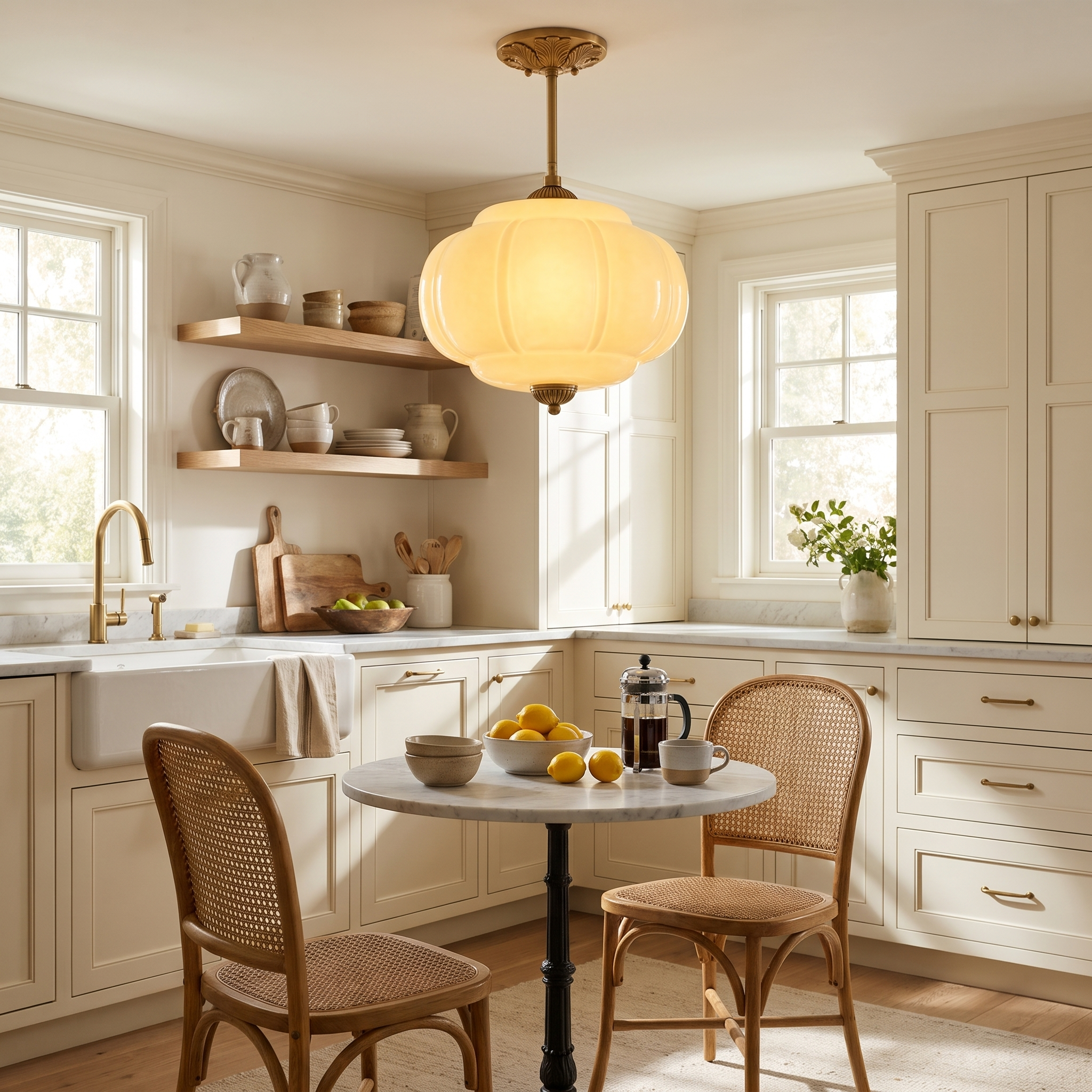 Yellow fluted glass semi-flush pendant above a bistro table in a cottage kitchen