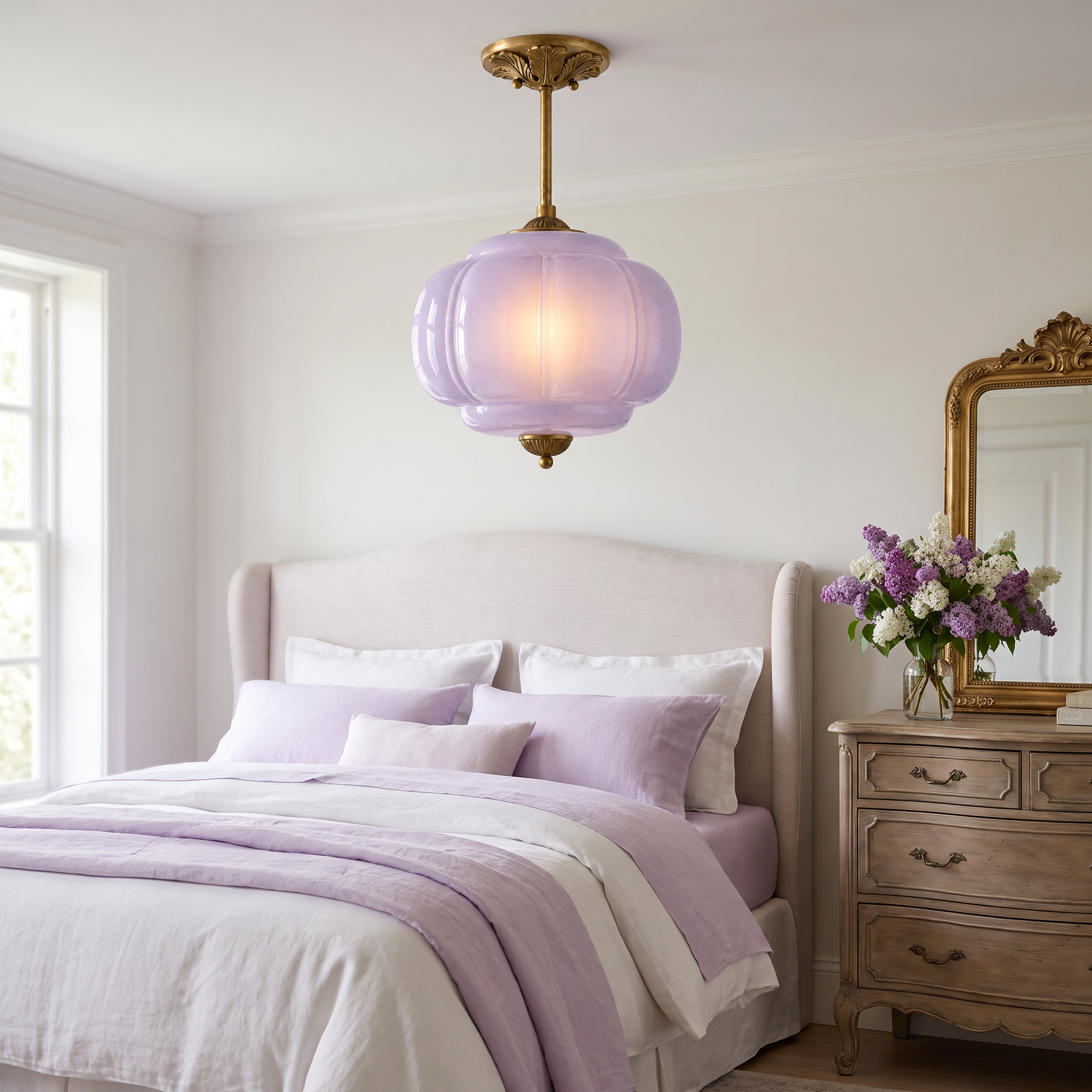Lavender fluted glass semi-flush pendant in a soft pastel guest bedroom