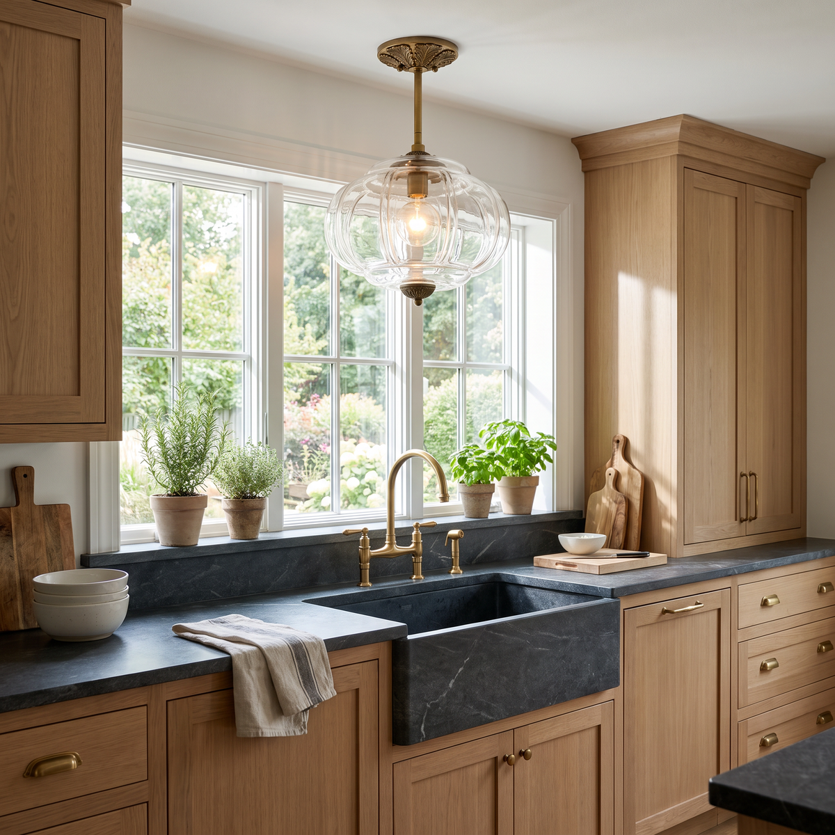 Clear fluted glass semi-flush pendant above the sink in an oak farmhouse kitchen