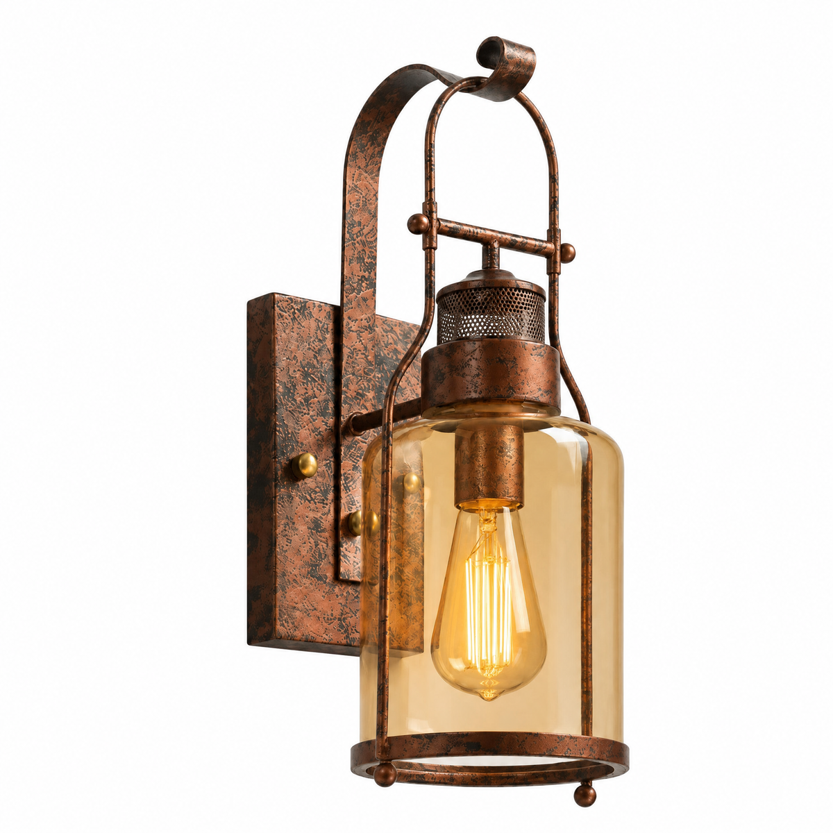 Faro Ferro lantern wall sconce in rust with amber glass jar shade