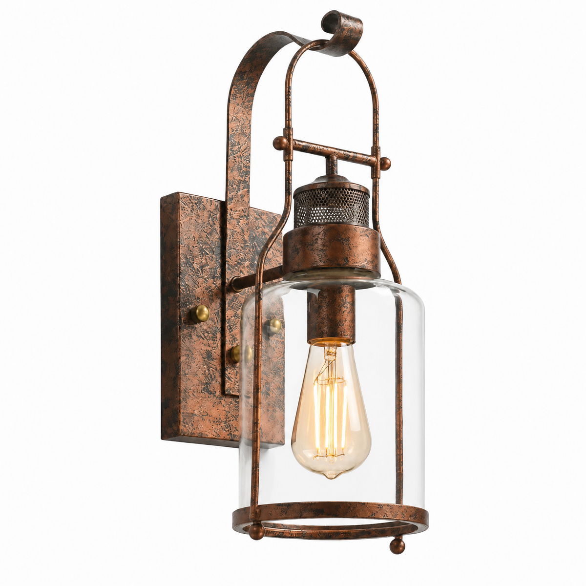 Faro Ferro lantern wall sconce in rust with clear glass jar shade