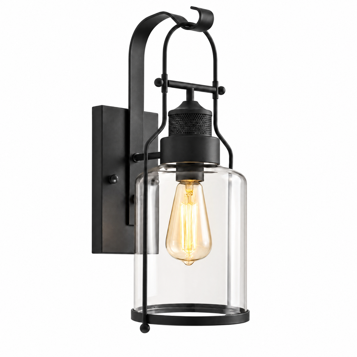 Faro Ferro lantern wall sconce in matte black with clear glass jar shade