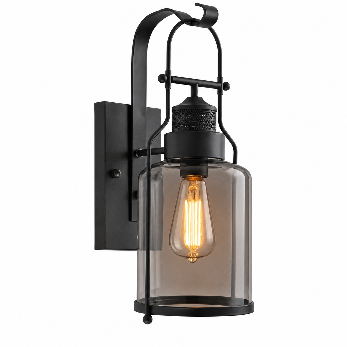 Faro Ferro lantern wall sconce in matte black with smoked glass jar shade
