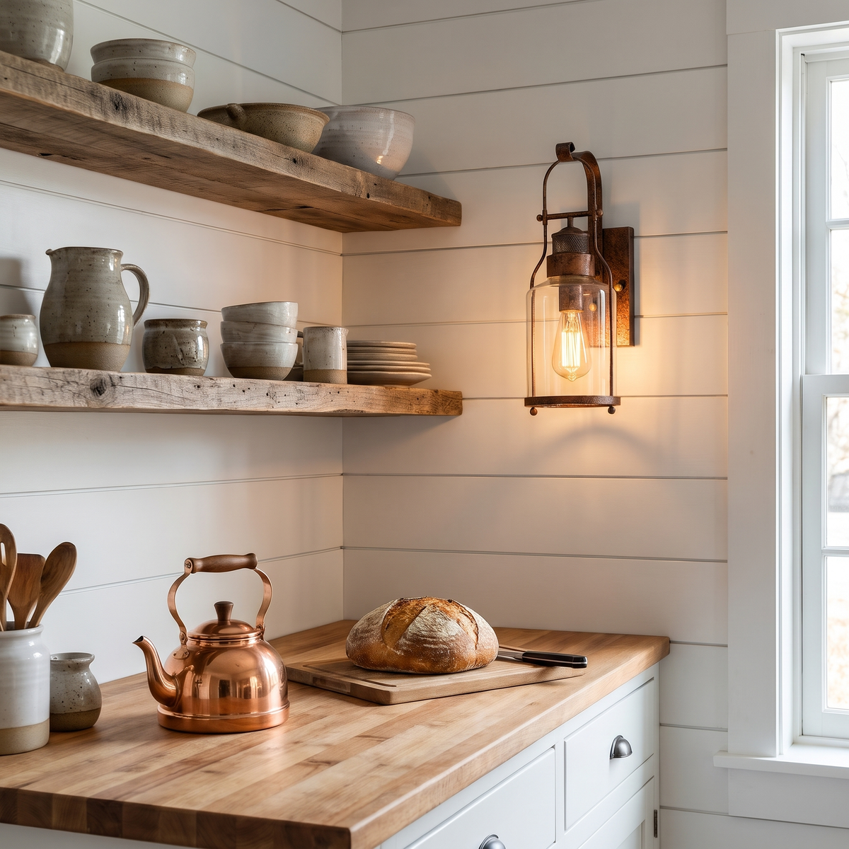 Rust lantern wall sconce with clear glass beside open shelving in a farmhouse kitchen