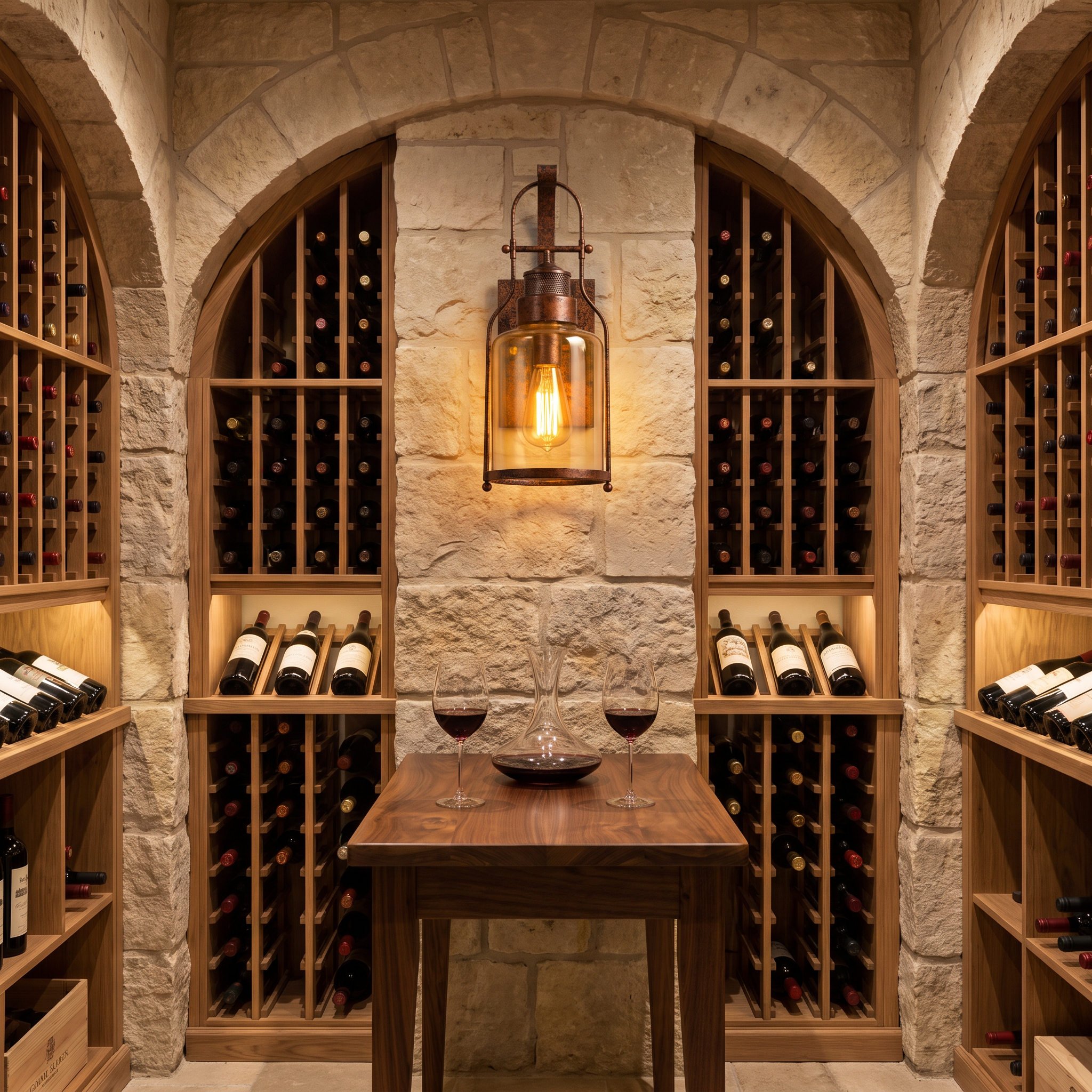 Rust lantern wall sconce with amber glass glowing in a stone wine cellar