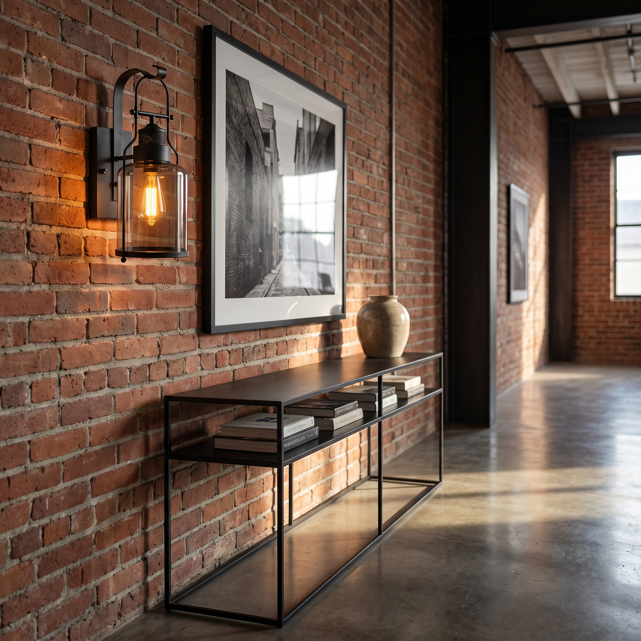 Black lantern wall sconce with smoked glass on an exposed brick wall in a loft hallway