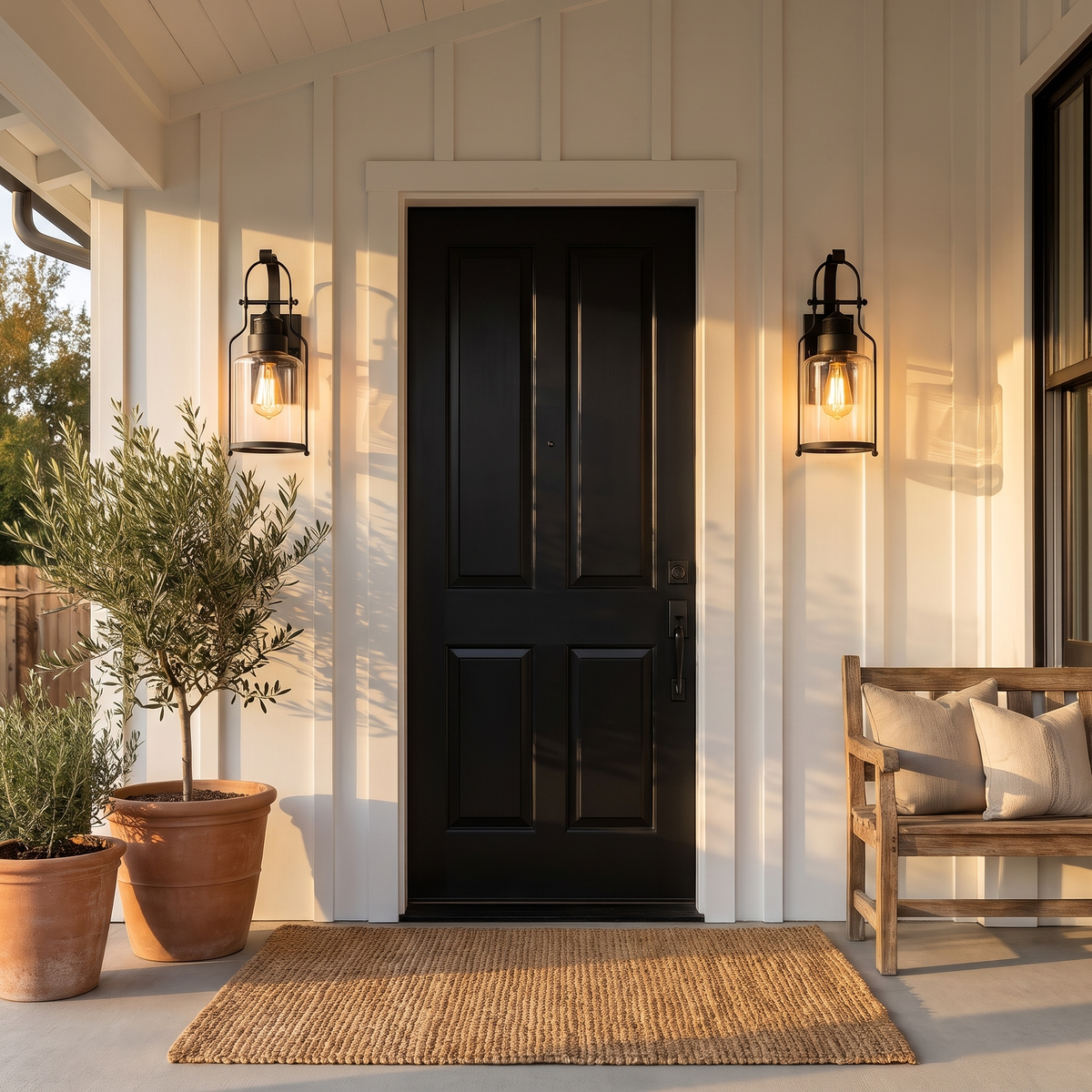Pair of black lantern wall sconces flanking a black front door on a farmhouse porch