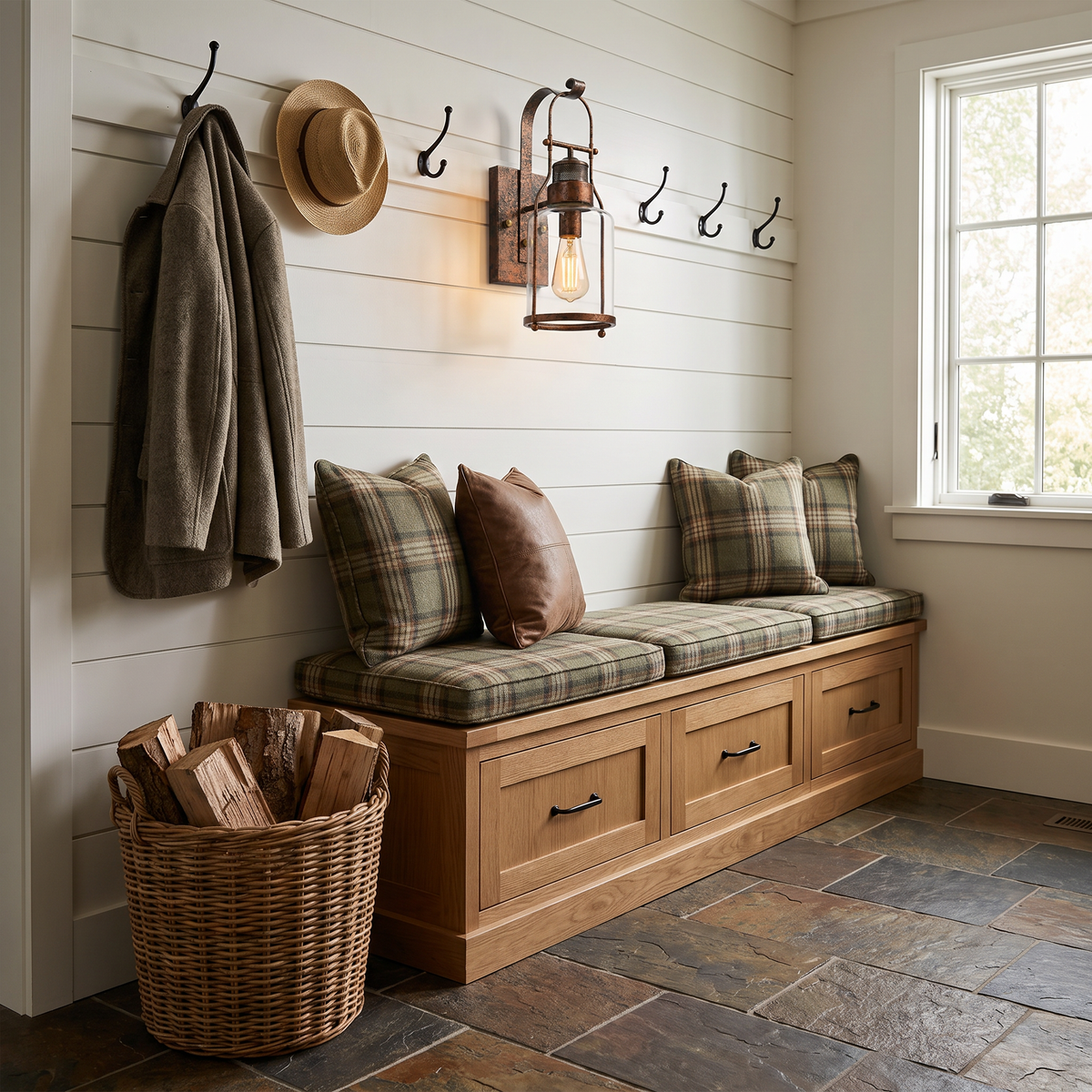 Rust lantern wall sconce above a cushioned bench in a farmhouse mudroom