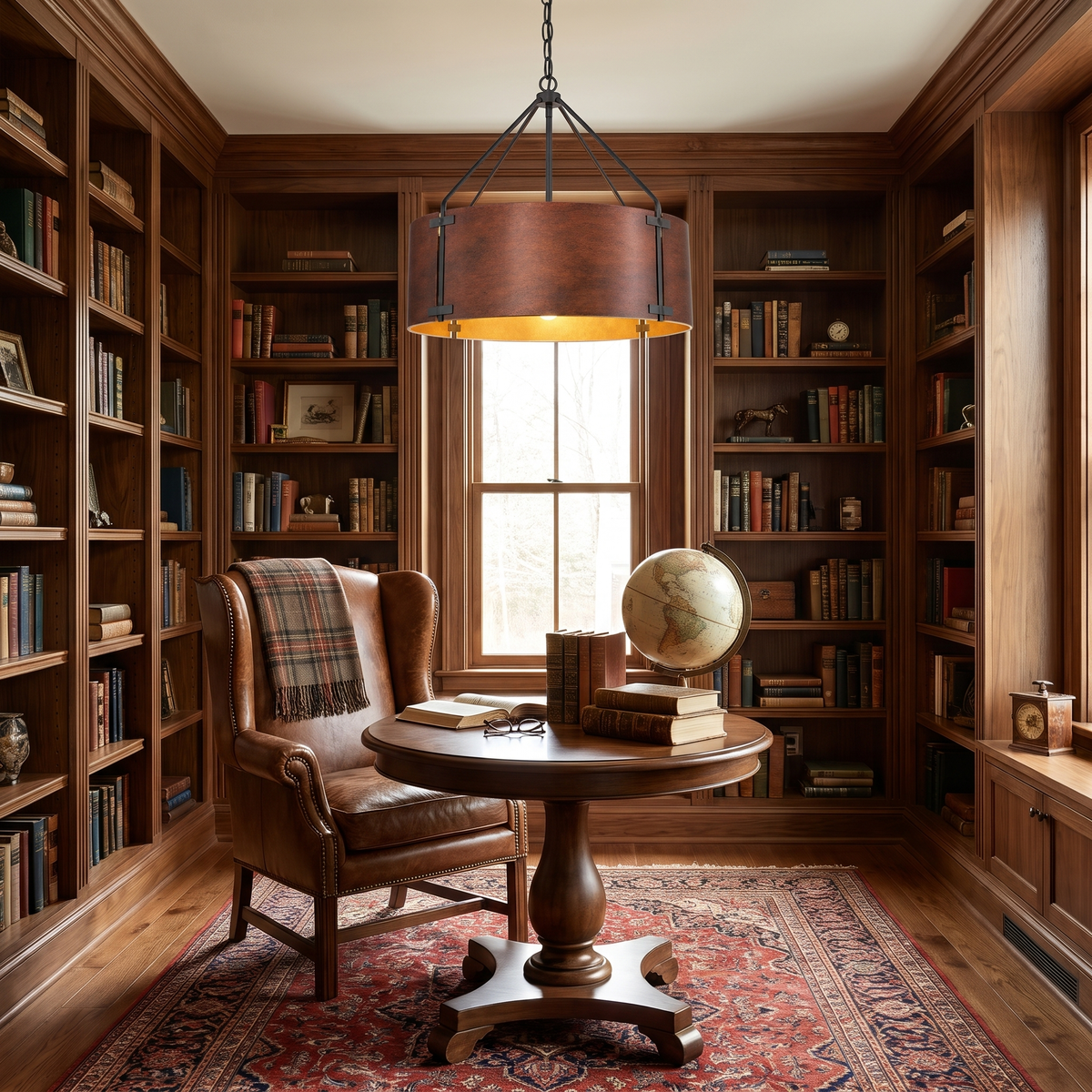 Small Tamburo bronze drum chandelier over a reading table in a home library