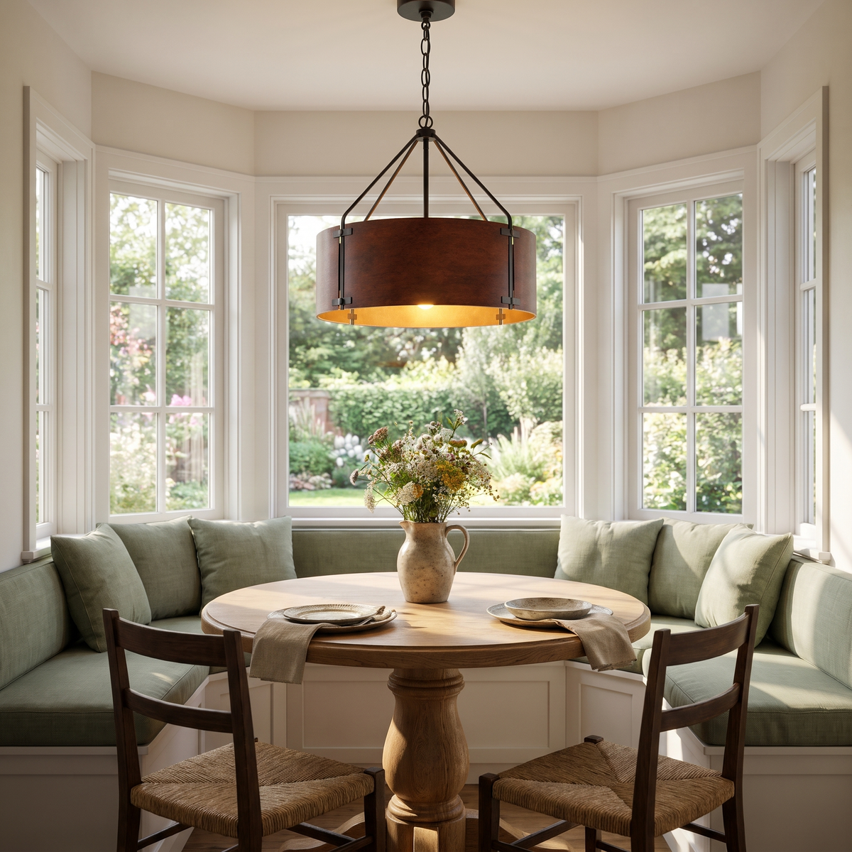 Small Tamburo bronze drum chandelier over a breakfast nook table