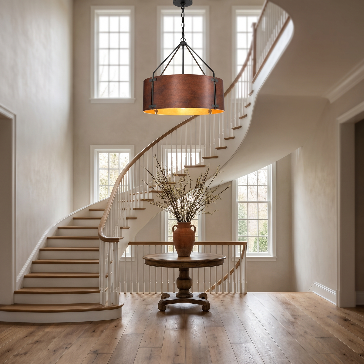 Large Tamburo bronze drum chandelier in a two-story entry foyer