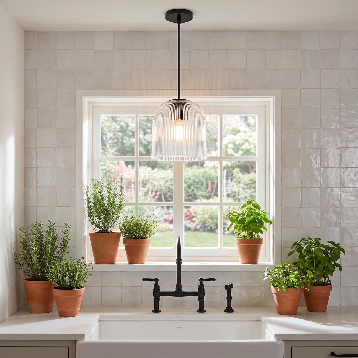 Rigata 10 in black ribbed glass dome pendant over a farmhouse kitchen sink