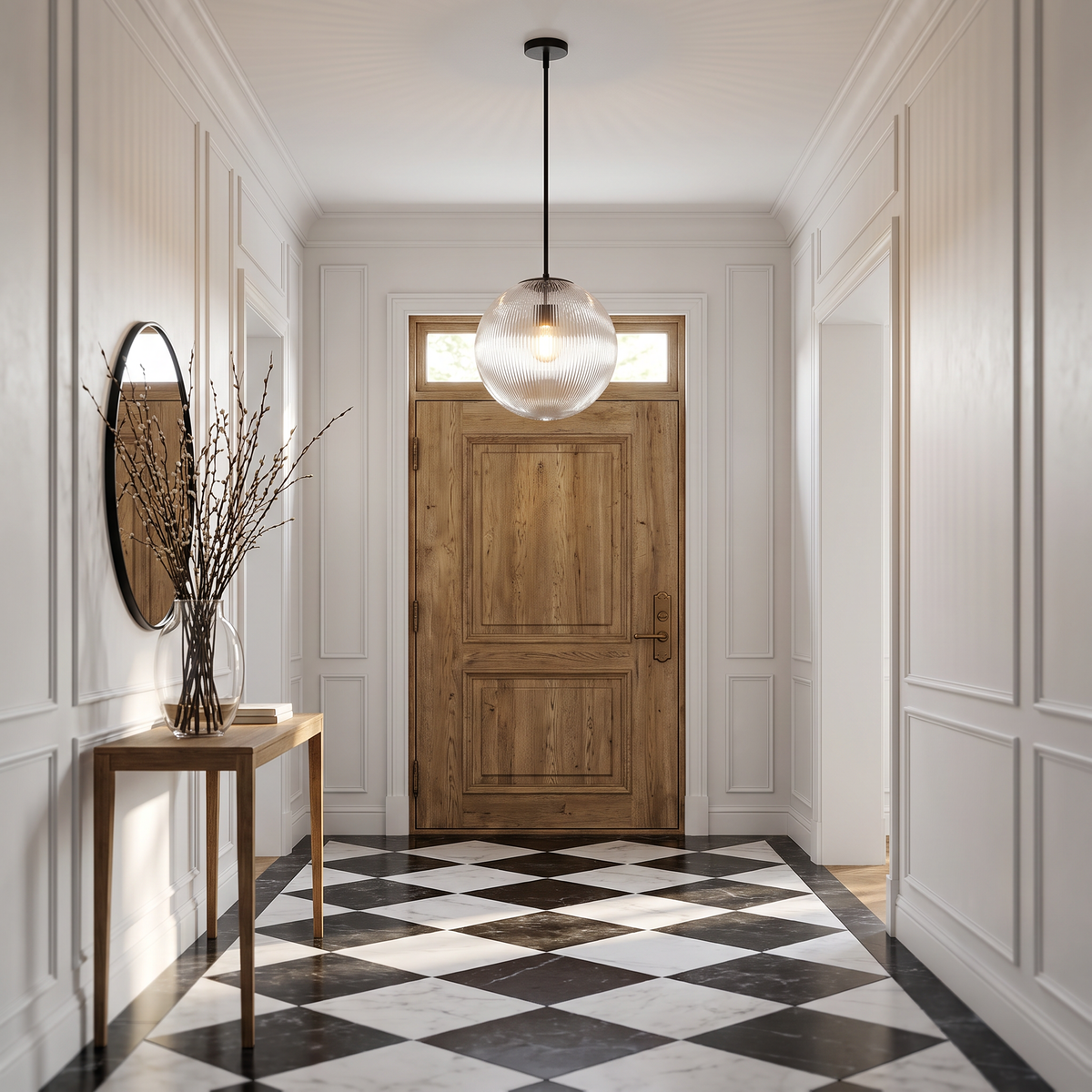 Rigata 14 in black ribbed glass globe pendant in an entry hall