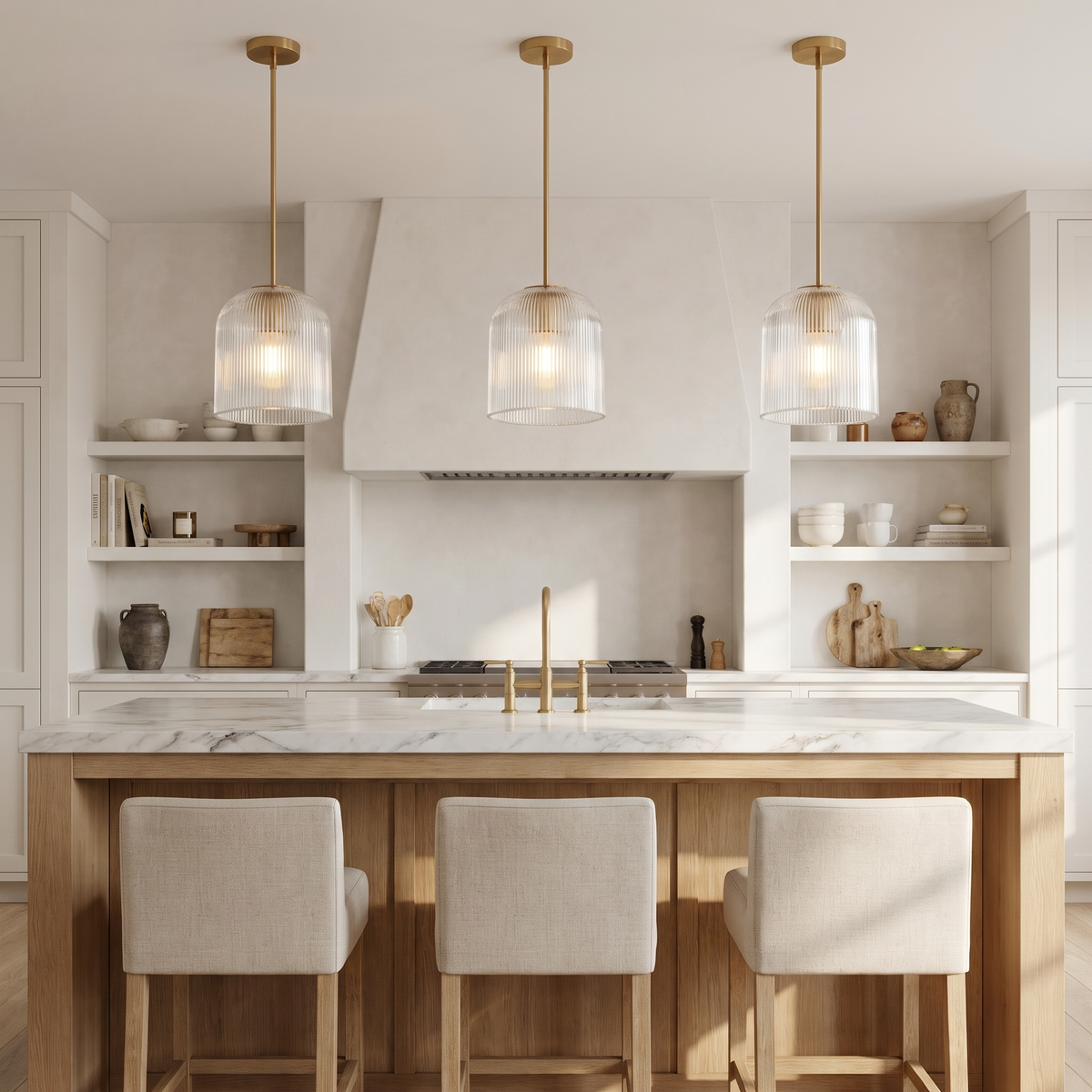 Three small brass Rigata ribbed glass dome pendants over a marble kitchen island