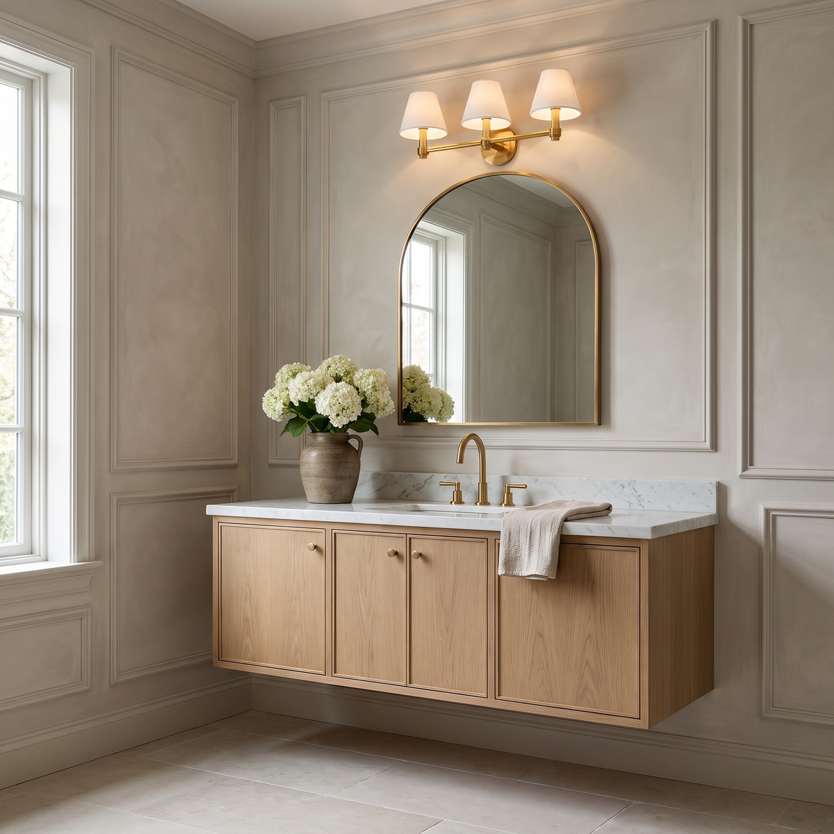 Terzetto brass vanity sconce with plain linen shades above an arched mirror and oak marble vanity