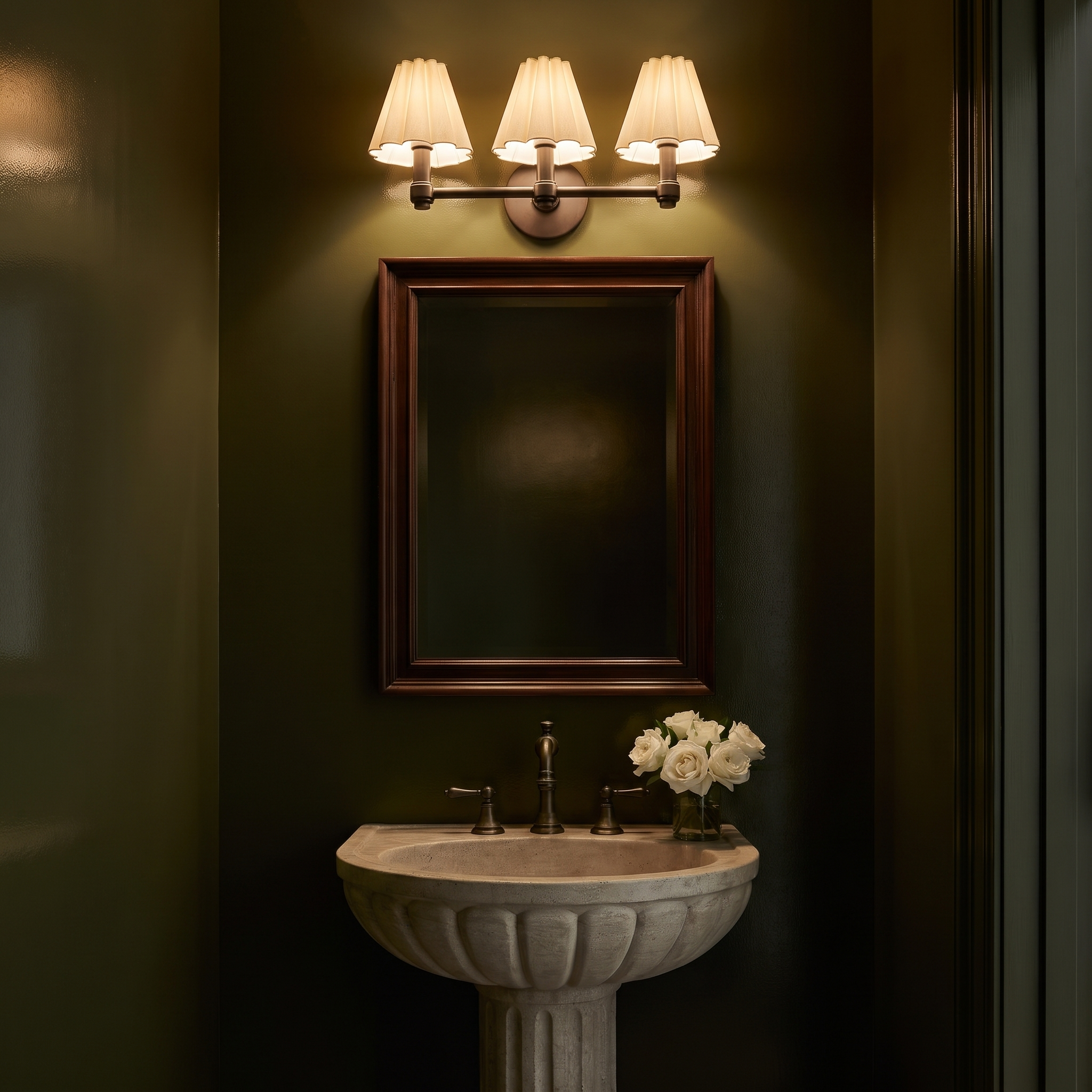 Terzetto bronze vanity sconce with fluted pleated shades in a dark olive powder room