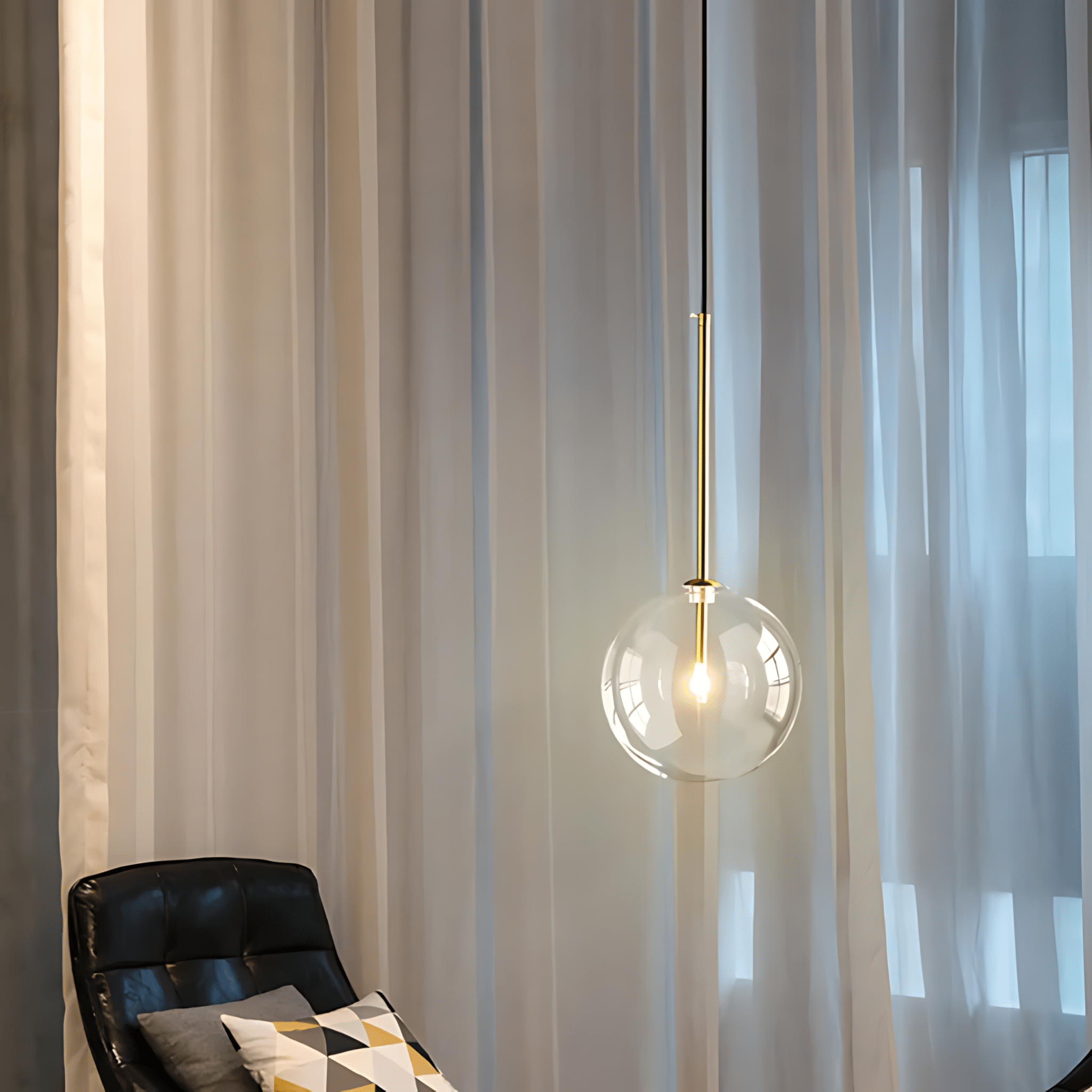 A single brass Goccia clear glass ball pendant by a window with sheer curtains