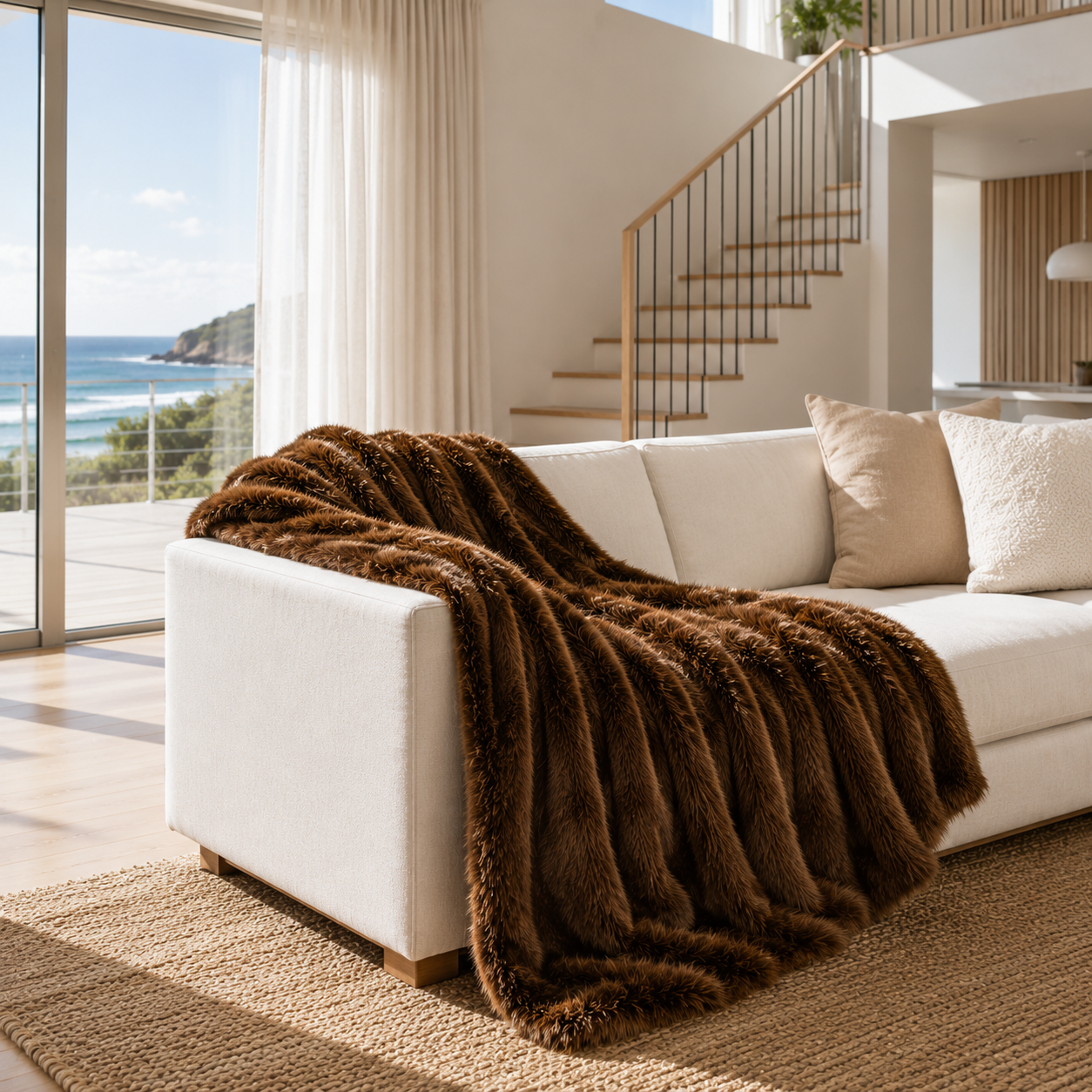 Coffee Carezza Sontuosa faux fur throw draped over a sofa in a coastal living room