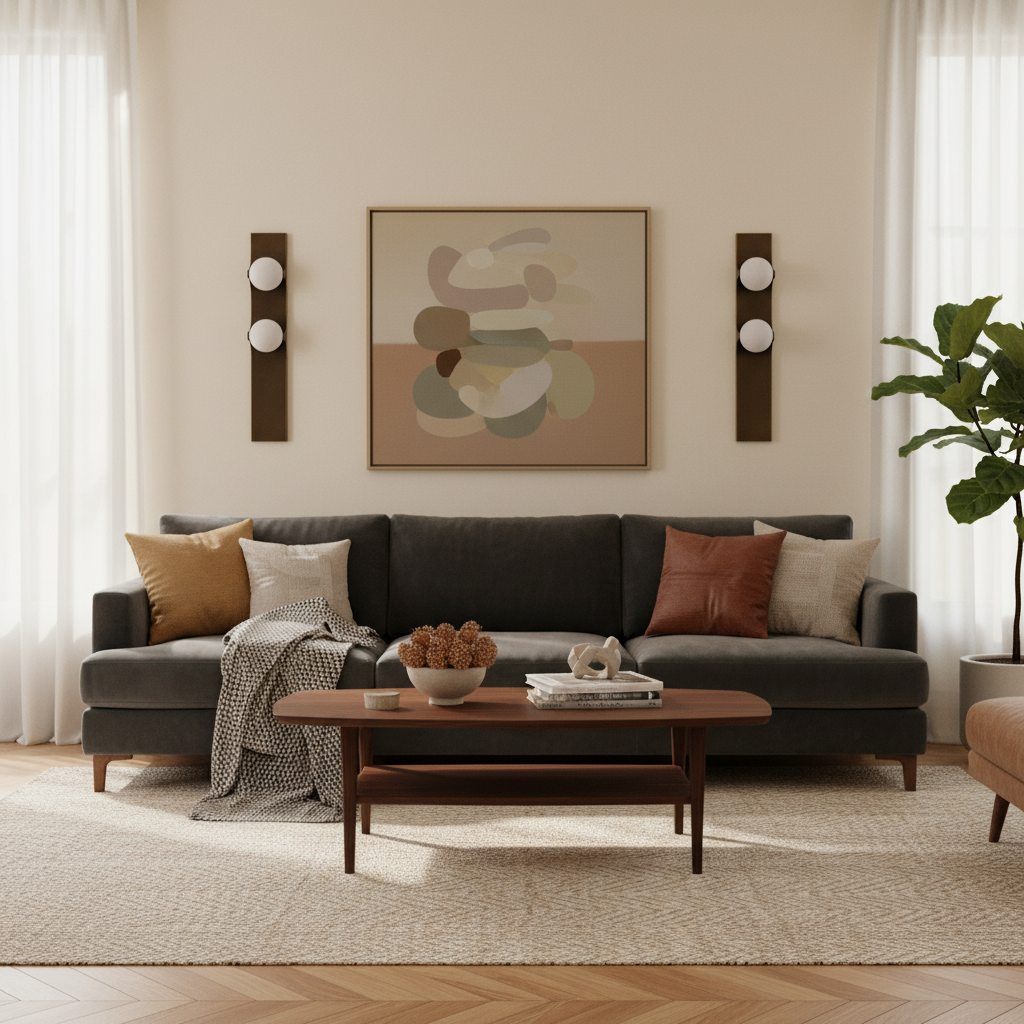 Lume Velato brass and alabaster wall sconces flanking artwork in a living room