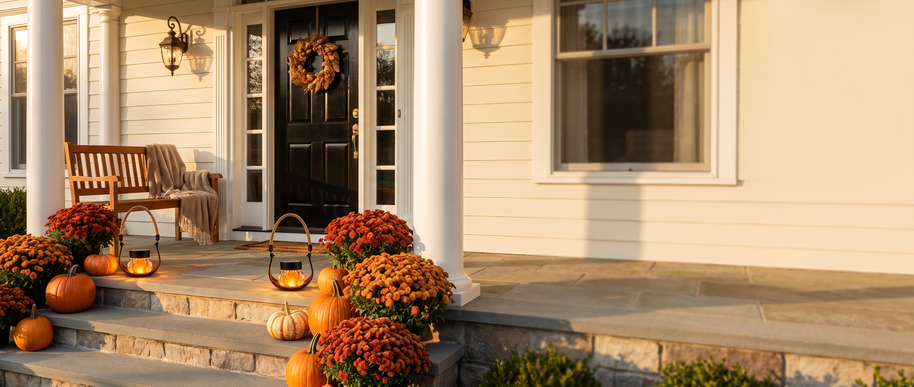Solar flame lanterns on autumn porch steps at golden hour
