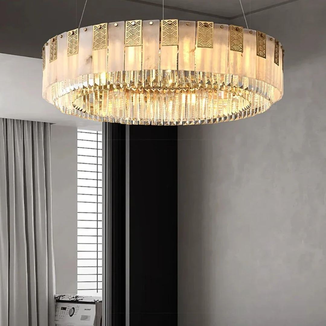 Cascata Brillante round gold crystal pendant detail in an elegant interior