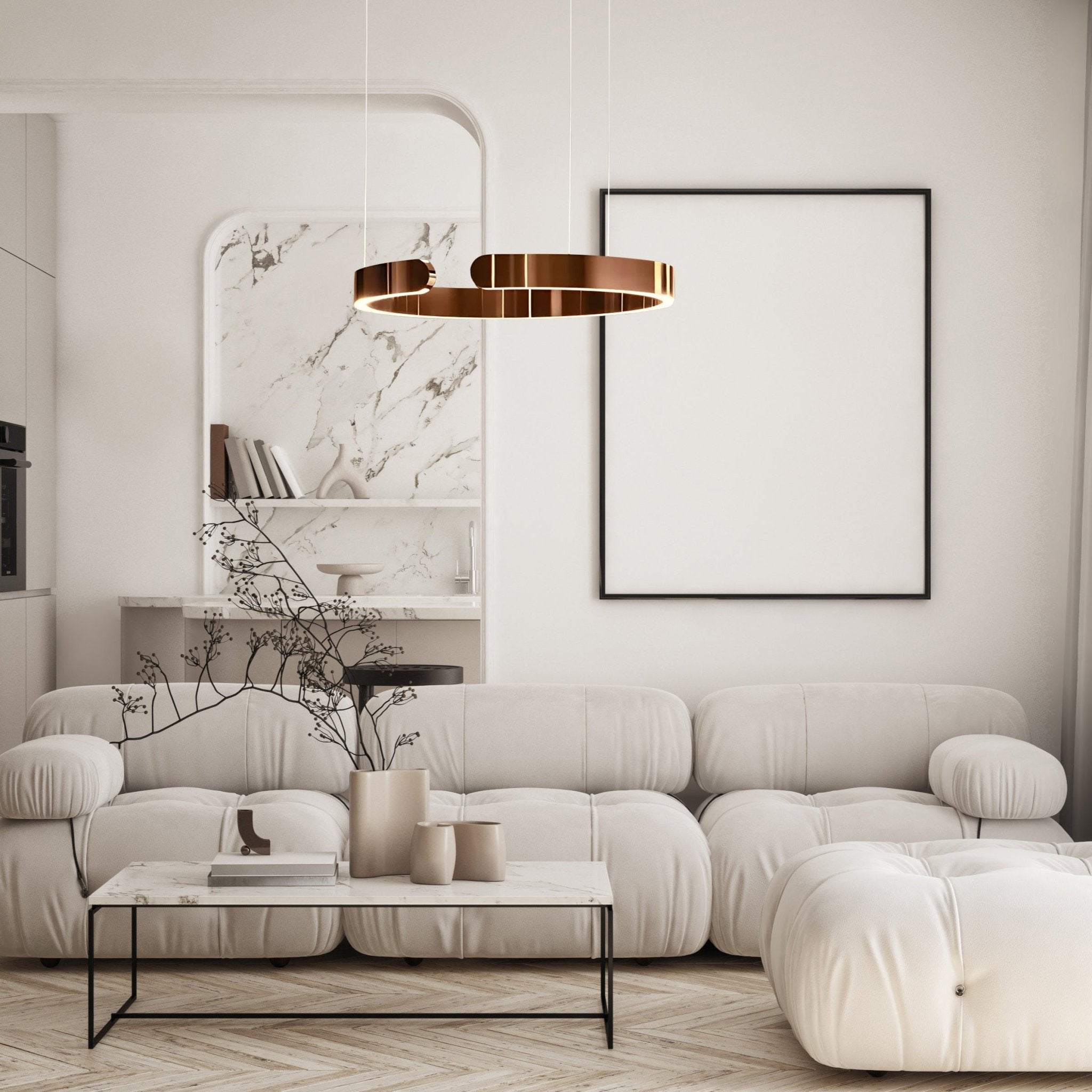 Rose Gold Orbita LED Ring Chandelier over a living-room sofa