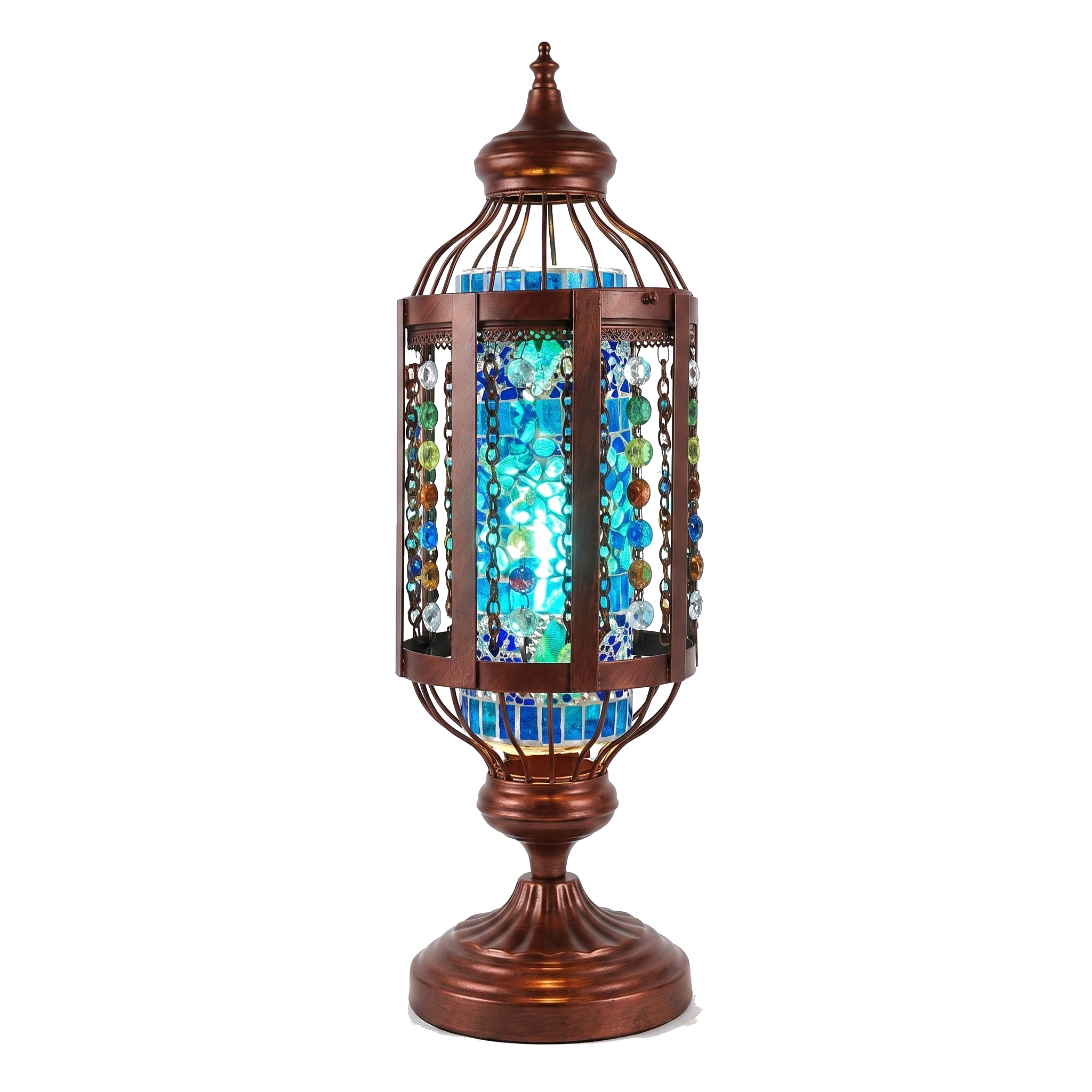 Mosaico stained glass lantern table lamp glowing blue, on pure white