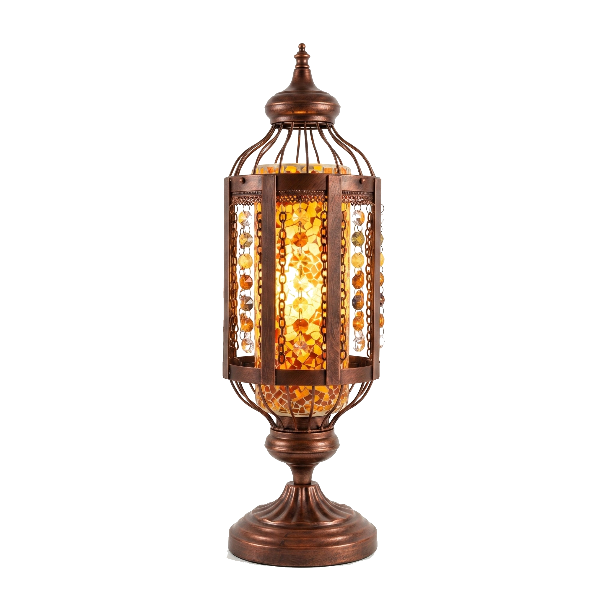 Mosaico stained glass lantern table lamp glowing orange, on pure white