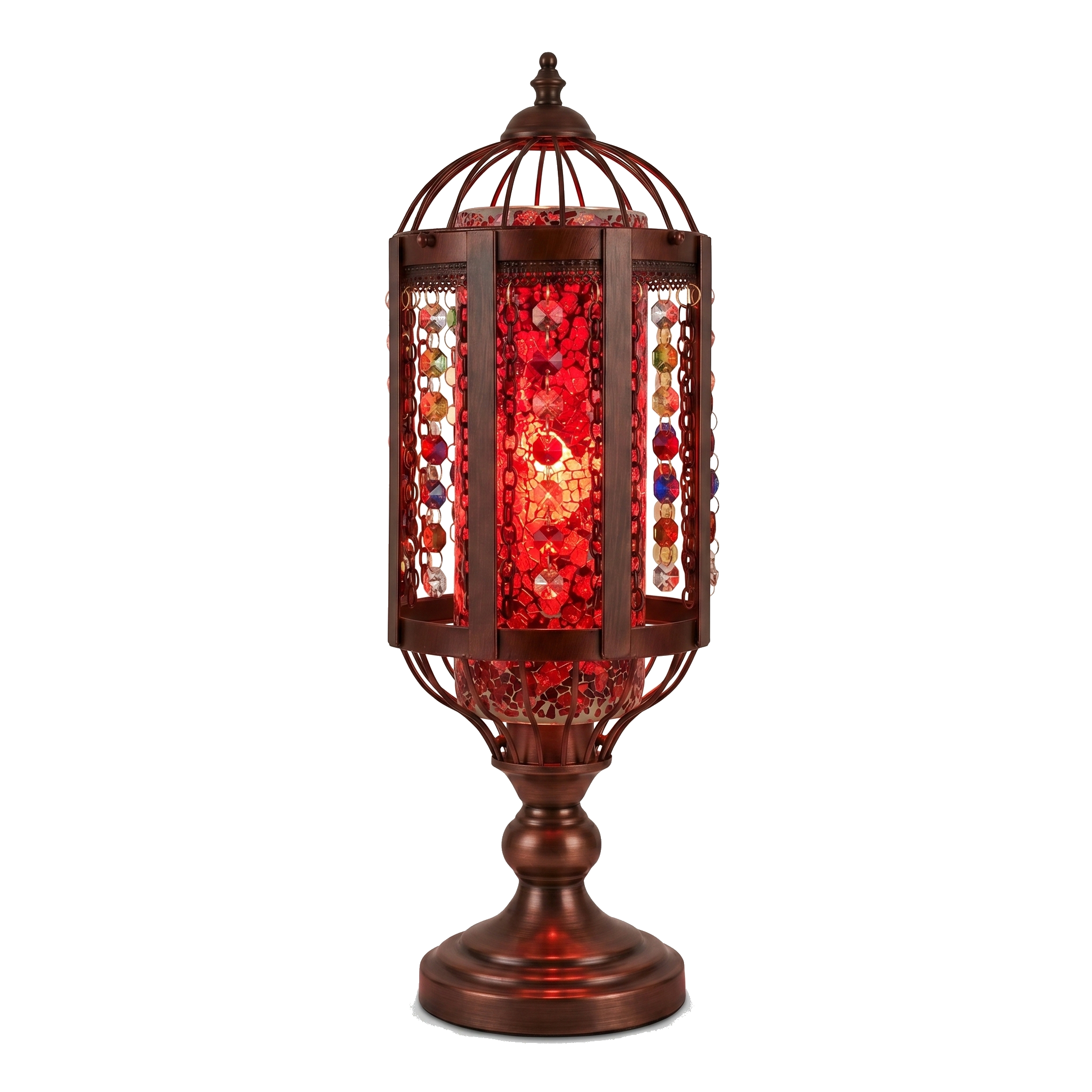 Mosaico stained glass lantern table lamp glowing red, on pure white
