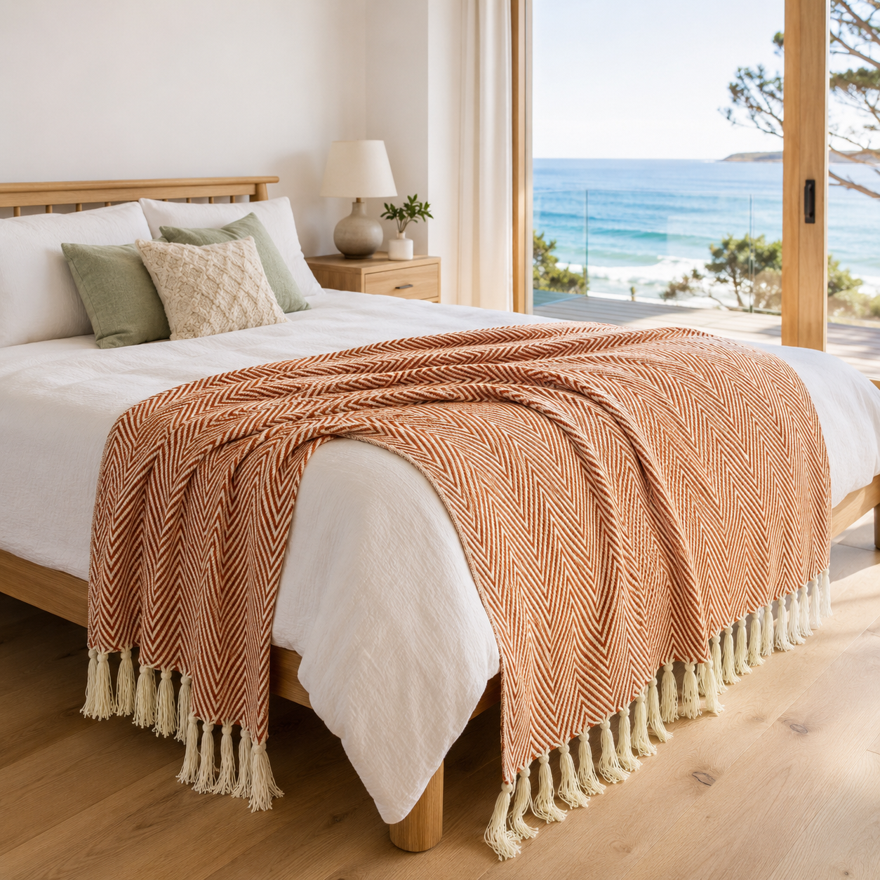 Terracotta orange Brezza Marina woven throw across a bed with an ocean view