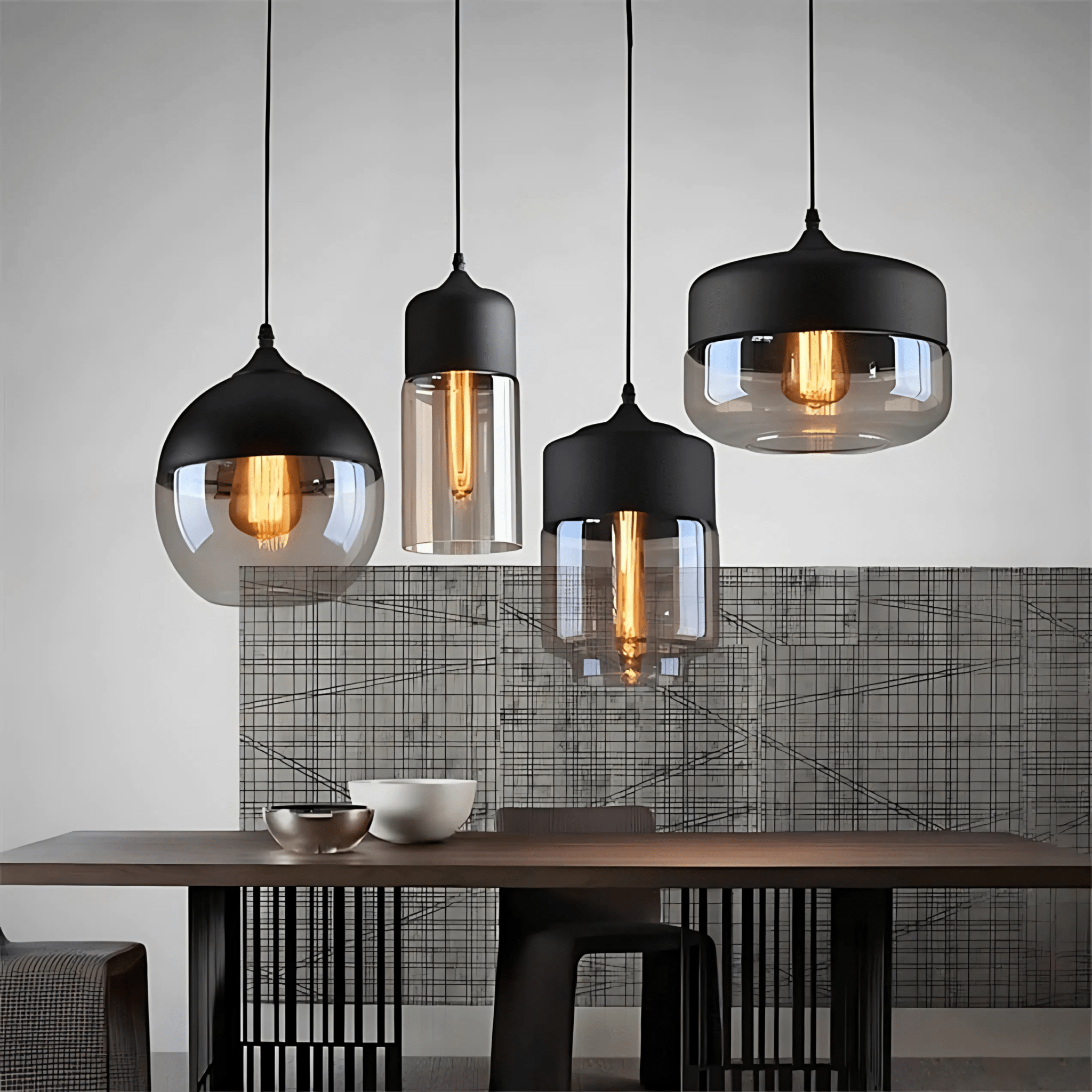 Four Ambra Art-Glass Pendants in mixed shapes glowing amber over a dining table