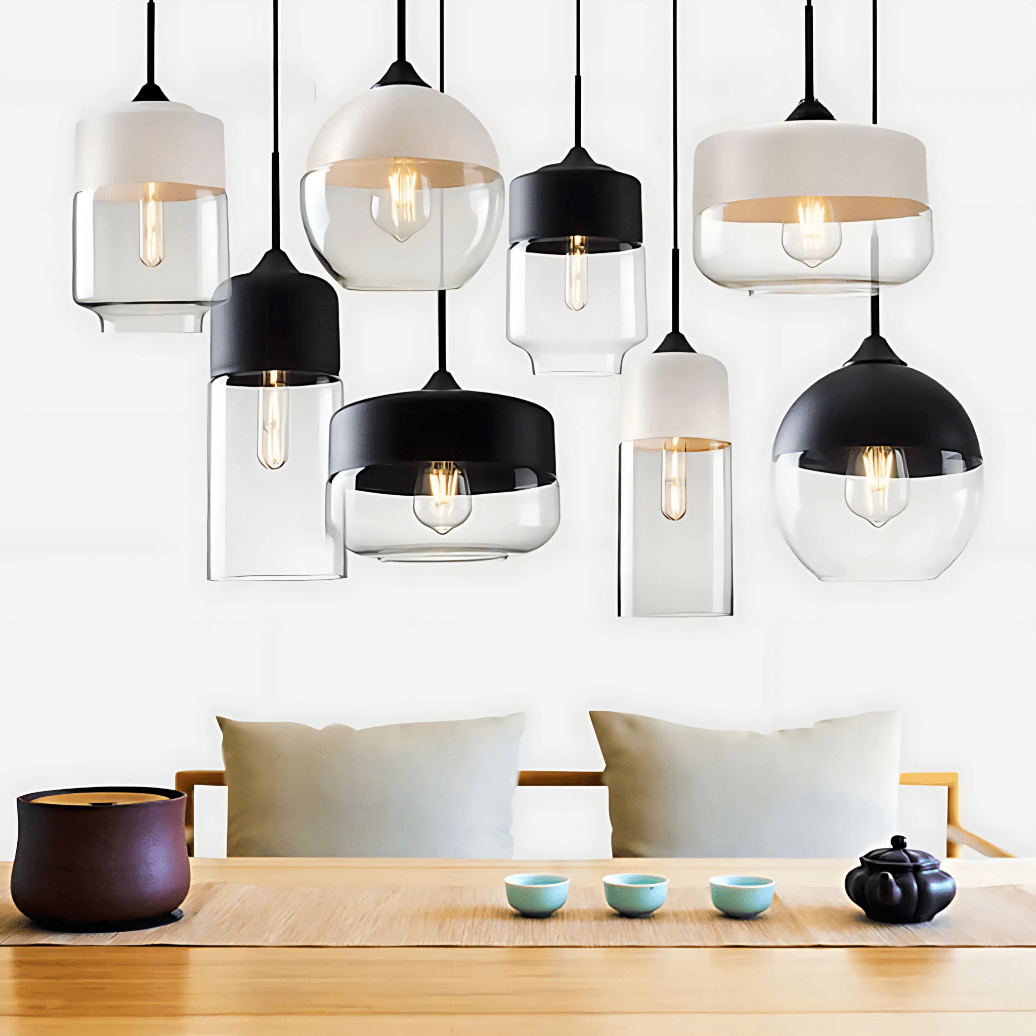 The full Ambra Art-Glass Pendant collection in black and white caps, clear and amber glass