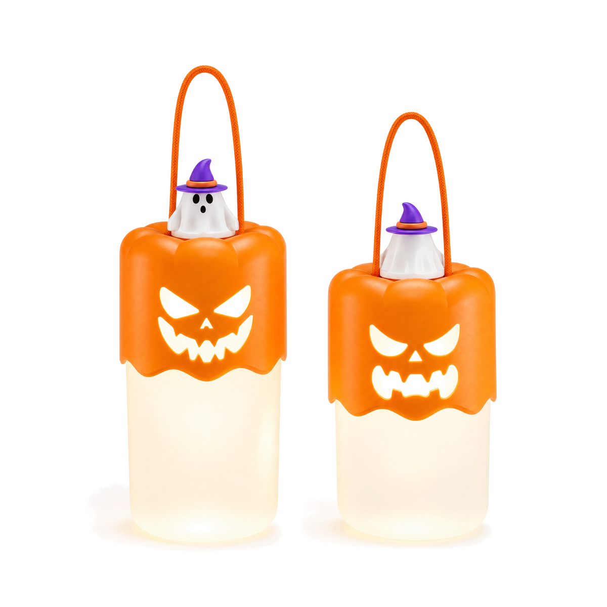 Notte Incantata Pumpkin Lantern Duo — two rechargeable ghost and pumpkin lanterns on white