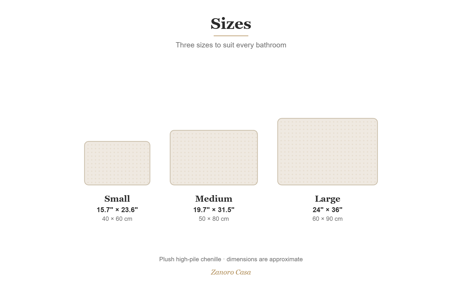 Nuvola Bath Mat size guide: Small 40x60cm, Medium 50x80cm, Large 60x90cm