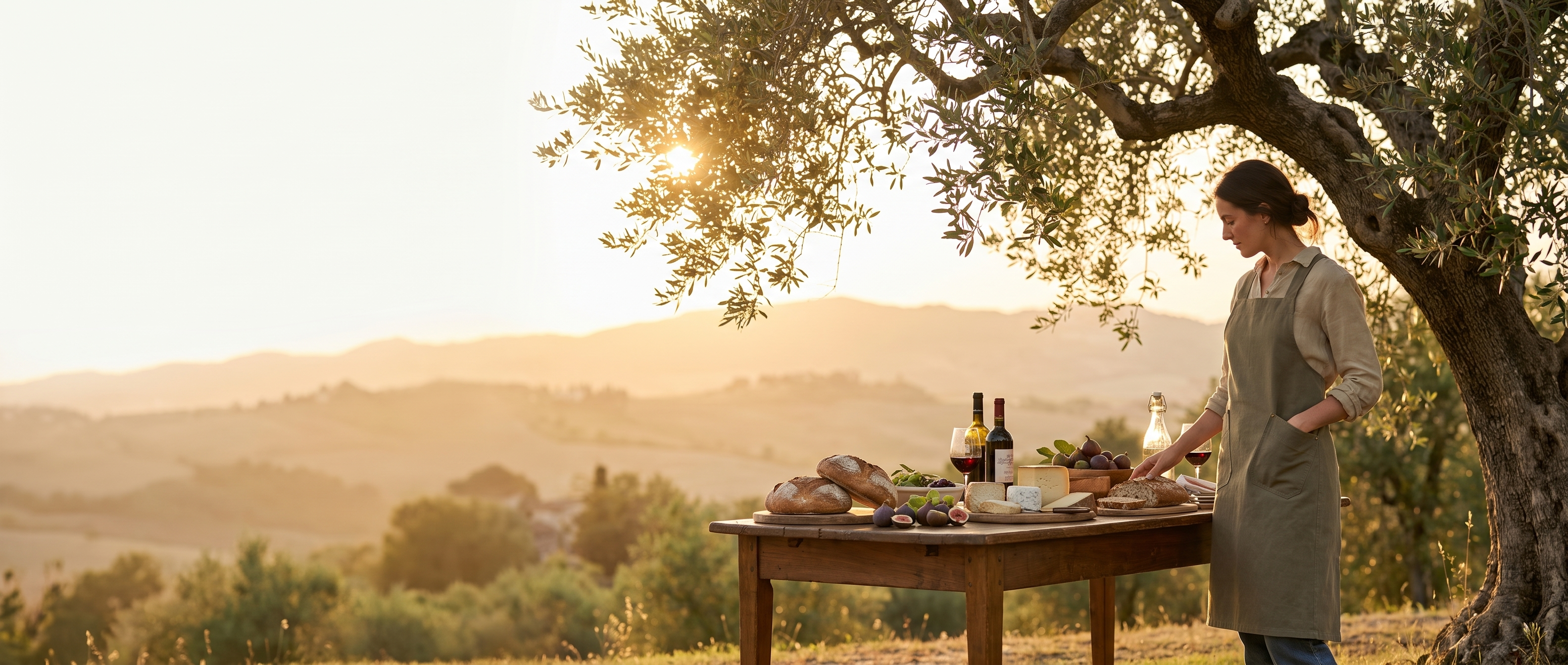 Woman in the olive cross-back apron setting an outdoor table under an olive tree at golden hour