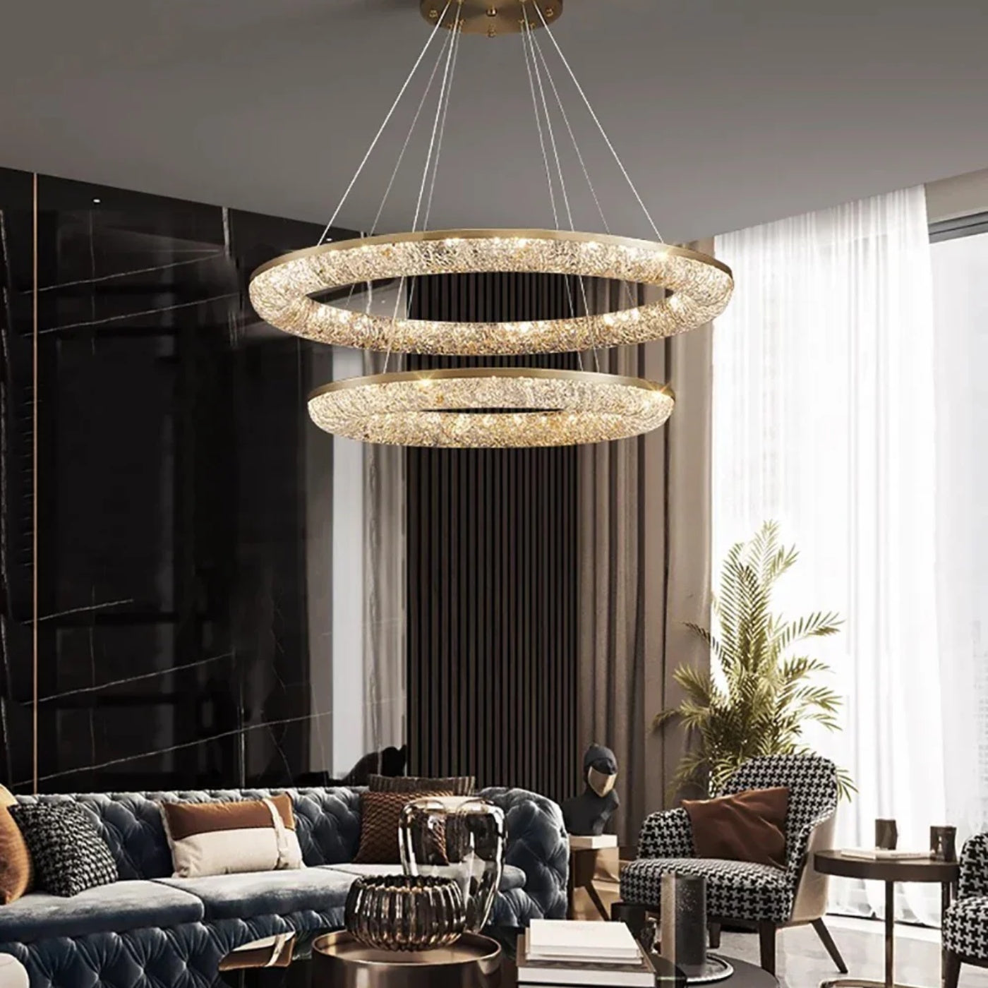 Stella Lucente gold crystal ring chandelier styled in a luxury living room