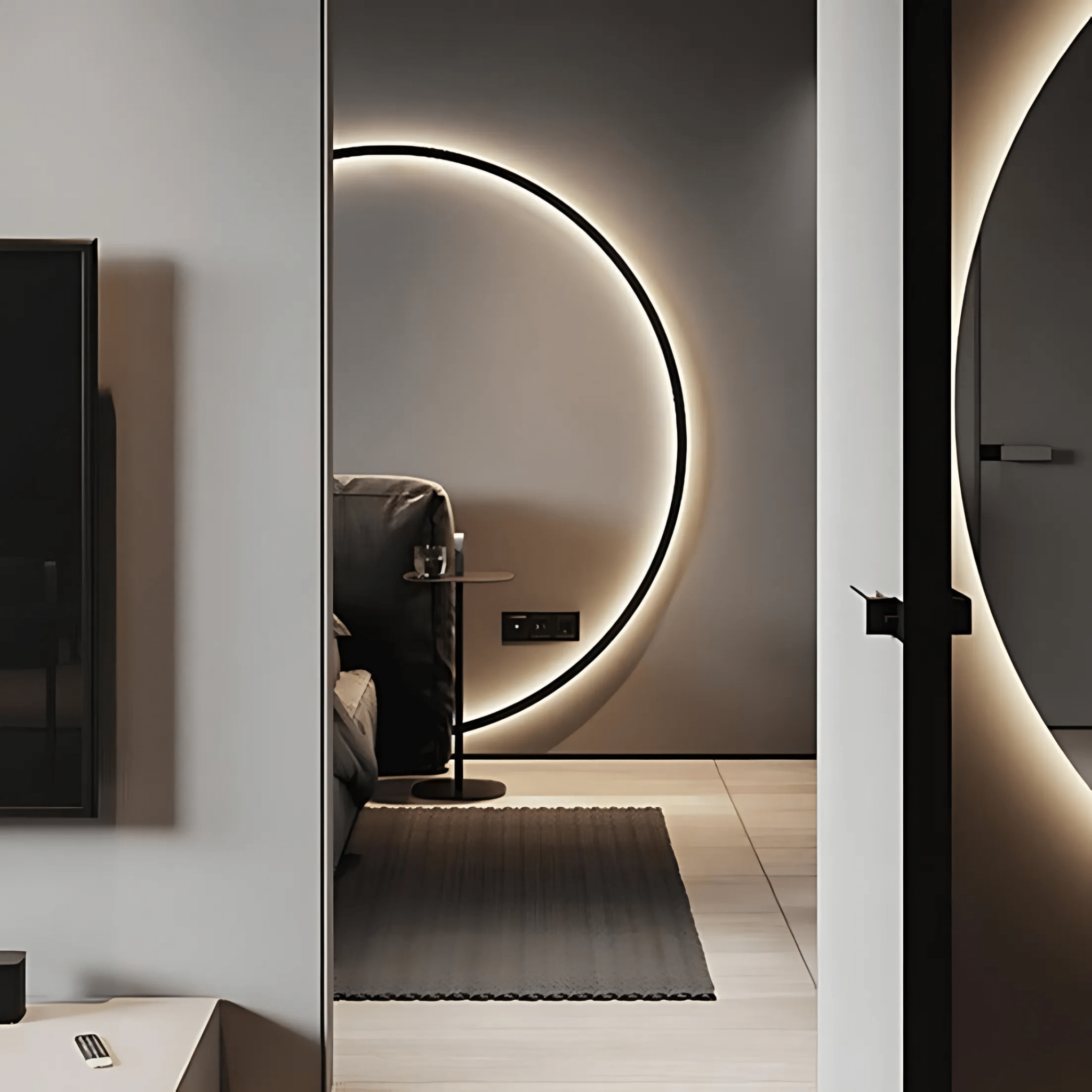 Eclisse Halo Ring Wall Light glowing warm in a styled seating corner