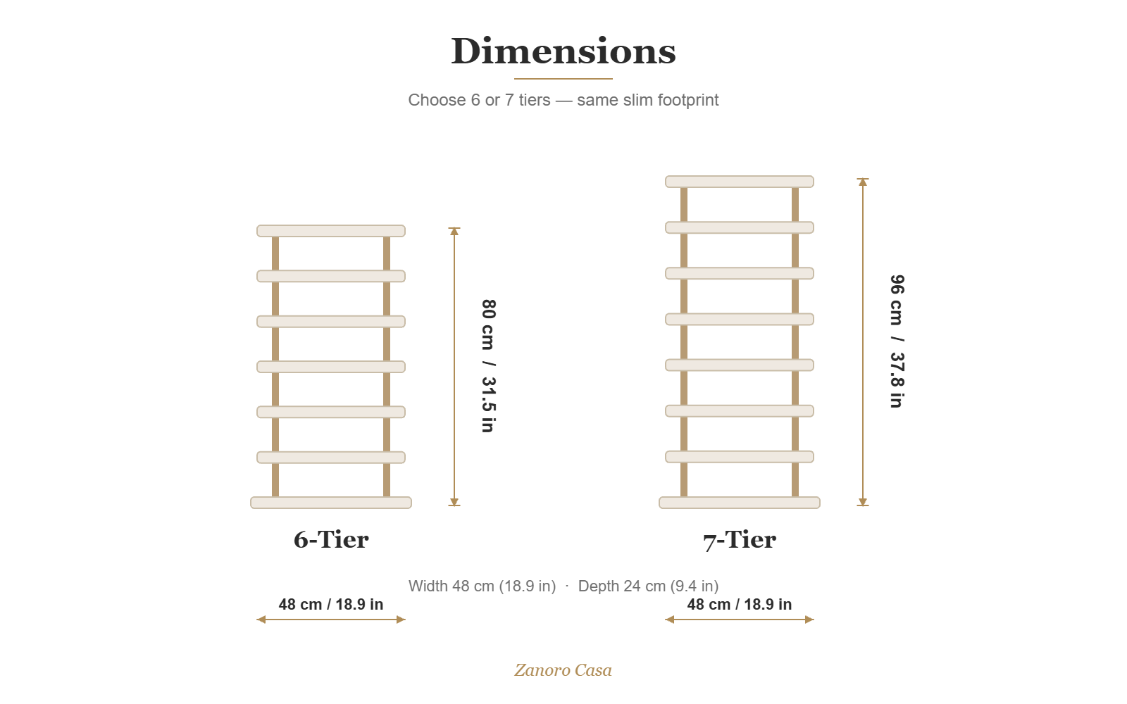 Torre Snella Tiered Shoe Rack size guide: 6-Tier 80 cm / 7-Tier 96 cm, footprint 48 x 24 cm