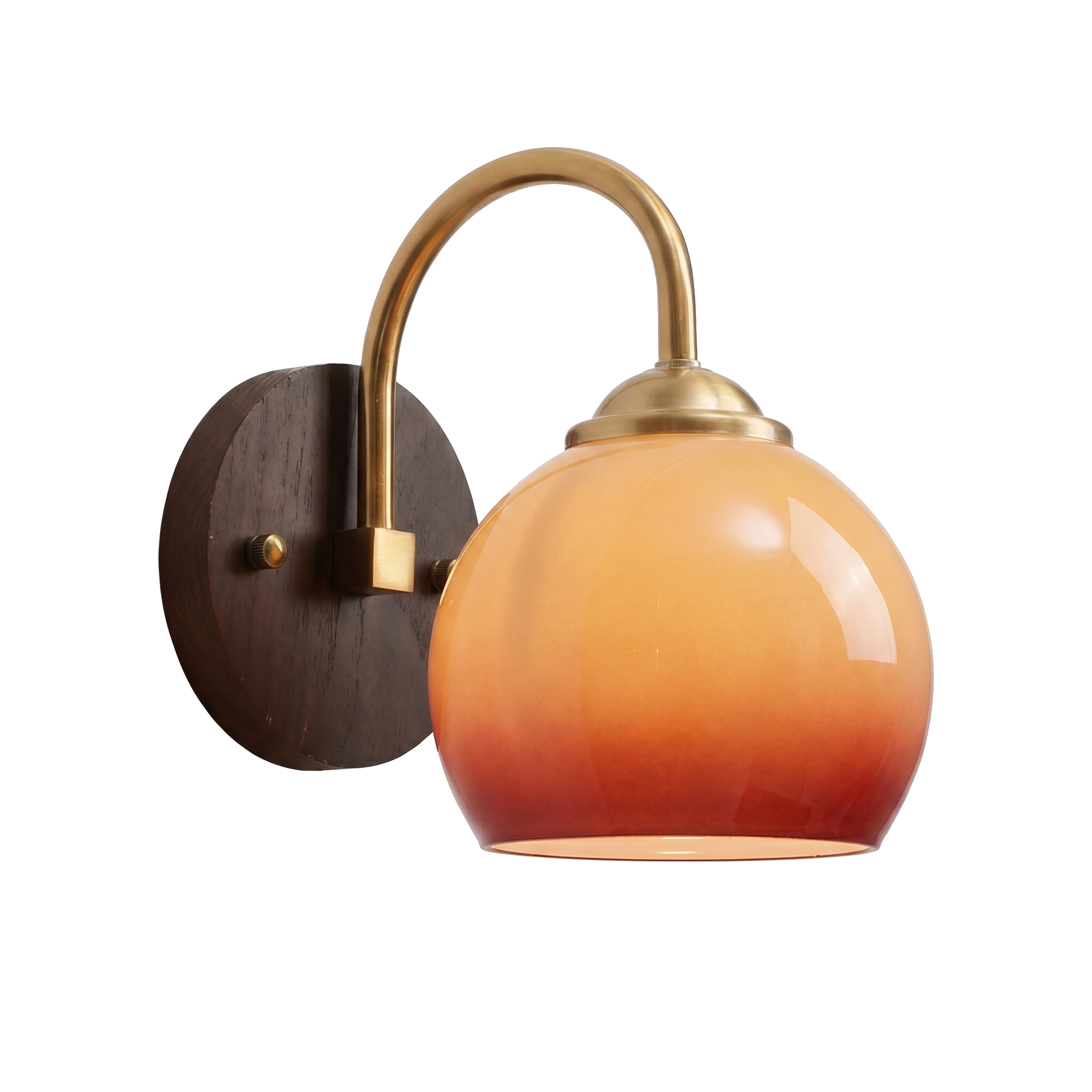Tramonto mid-century wall sconce, round caramel glass globe, on white