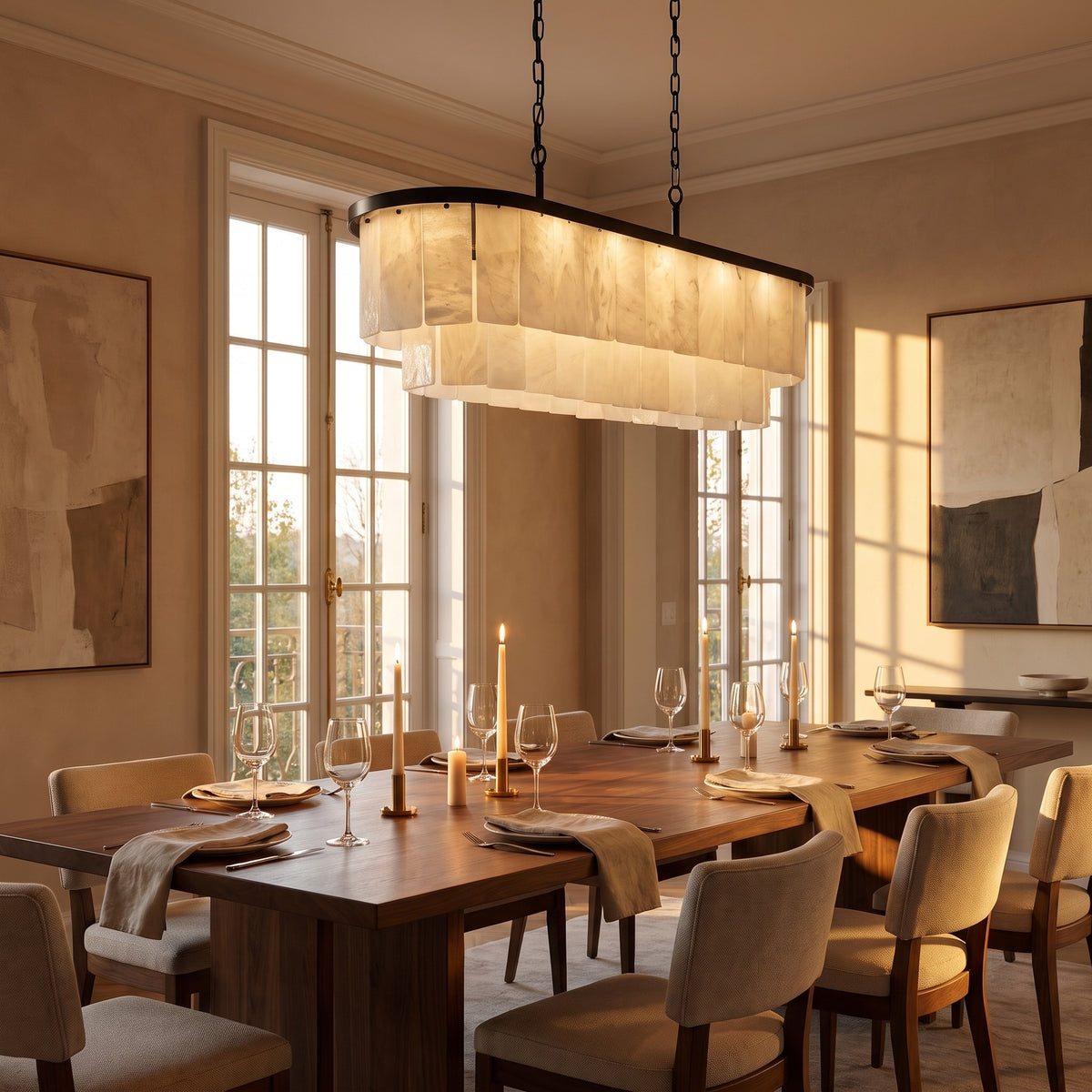 Velo Alabastro chandelier glowing over a candlelit walnut dining table at golden hour