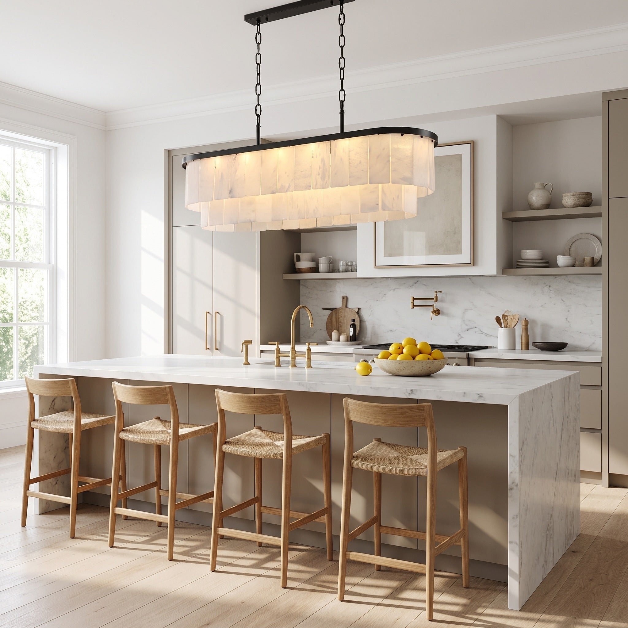 Velo Alabastro alabaster linear chandelier above a white marble kitchen island