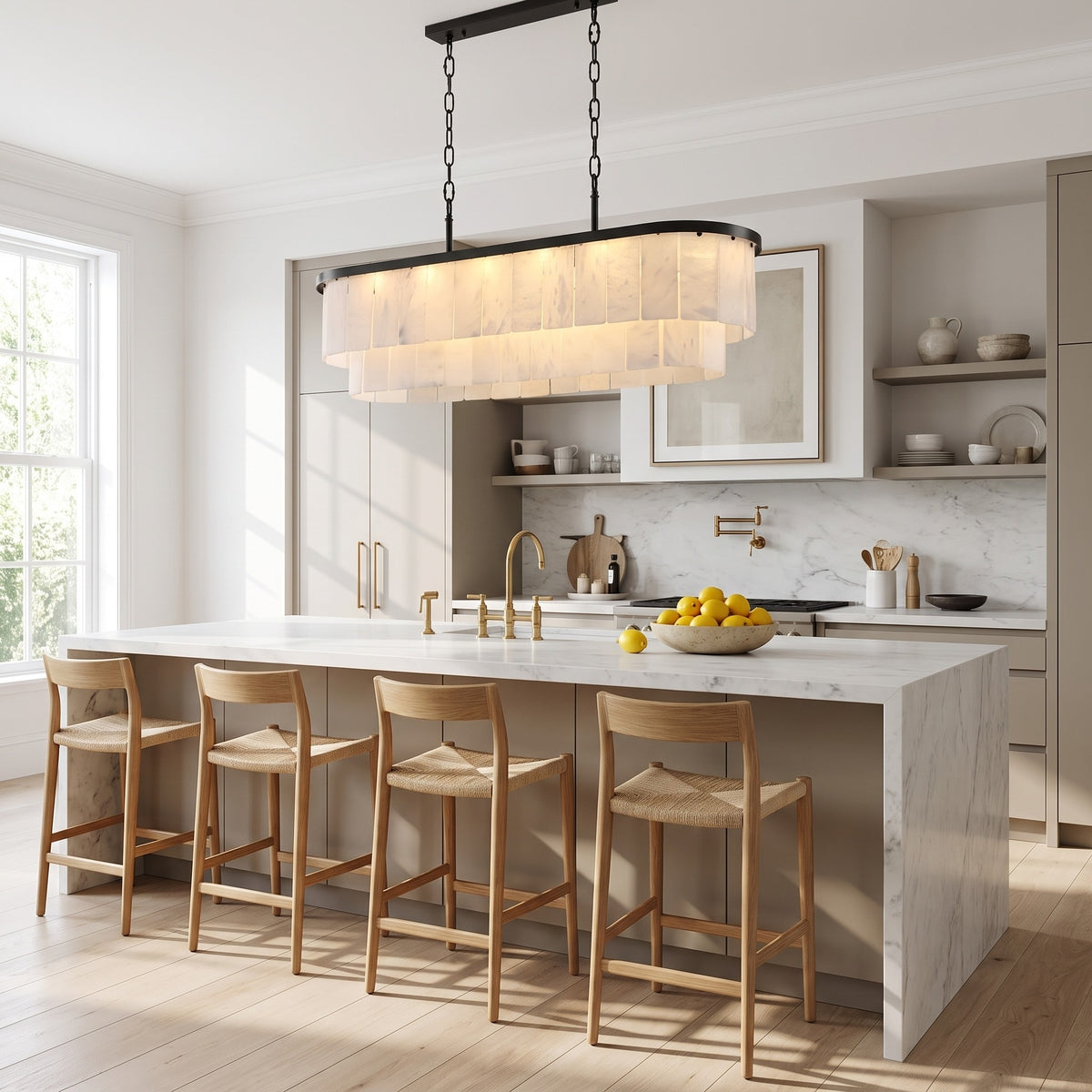 Velo Alabastro alabaster linear chandelier above a white marble kitchen island