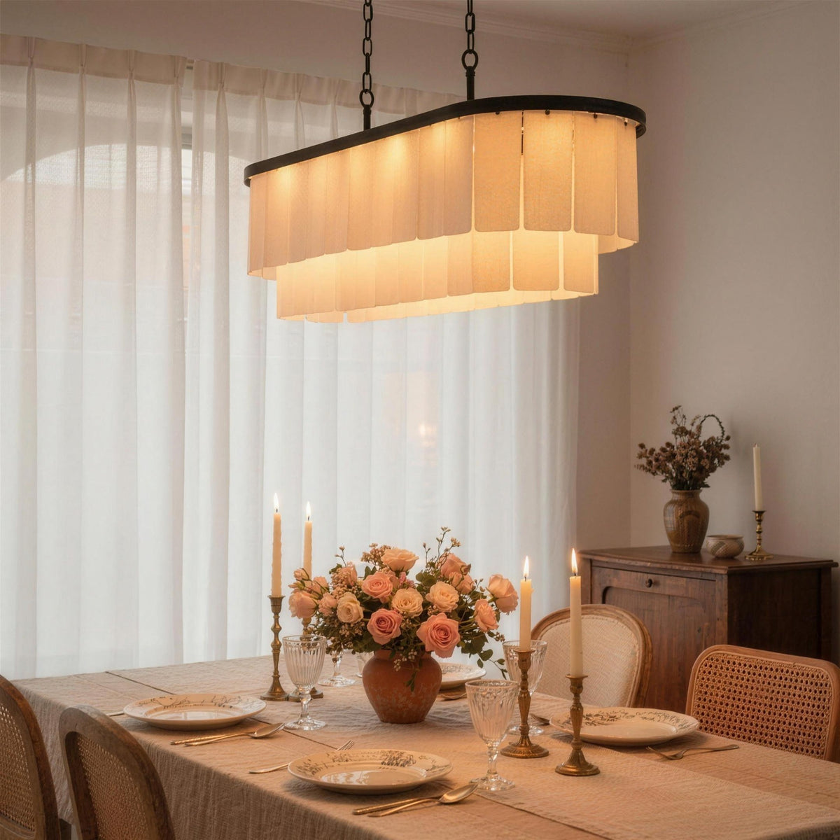 Velo Alabastro alabaster chandelier over a candlelit farmhouse dining table