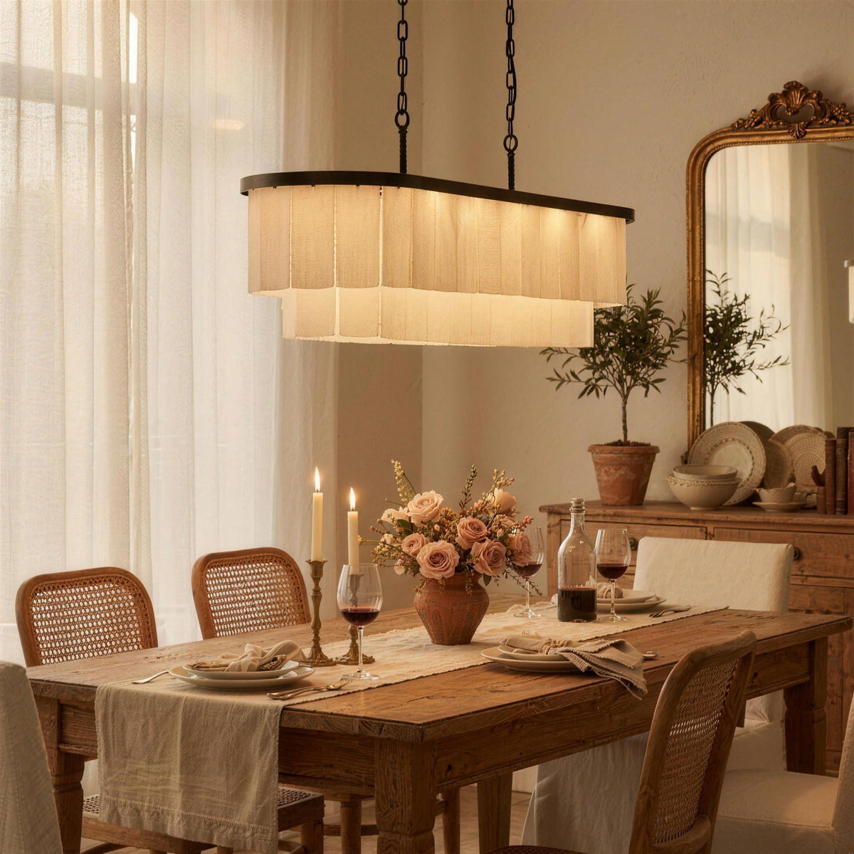 Velo Alabastro chandelier in a warm dining room with a gilded mirror