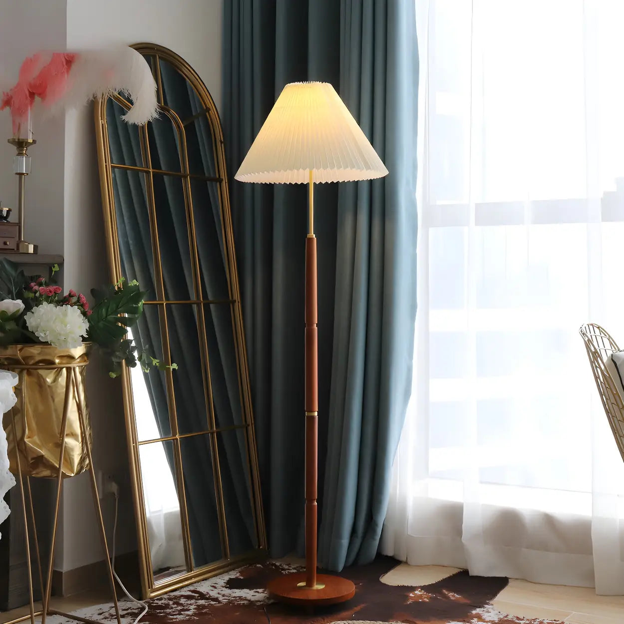 Vintage Walnut Metal Floor Lamp with Pleated Shade