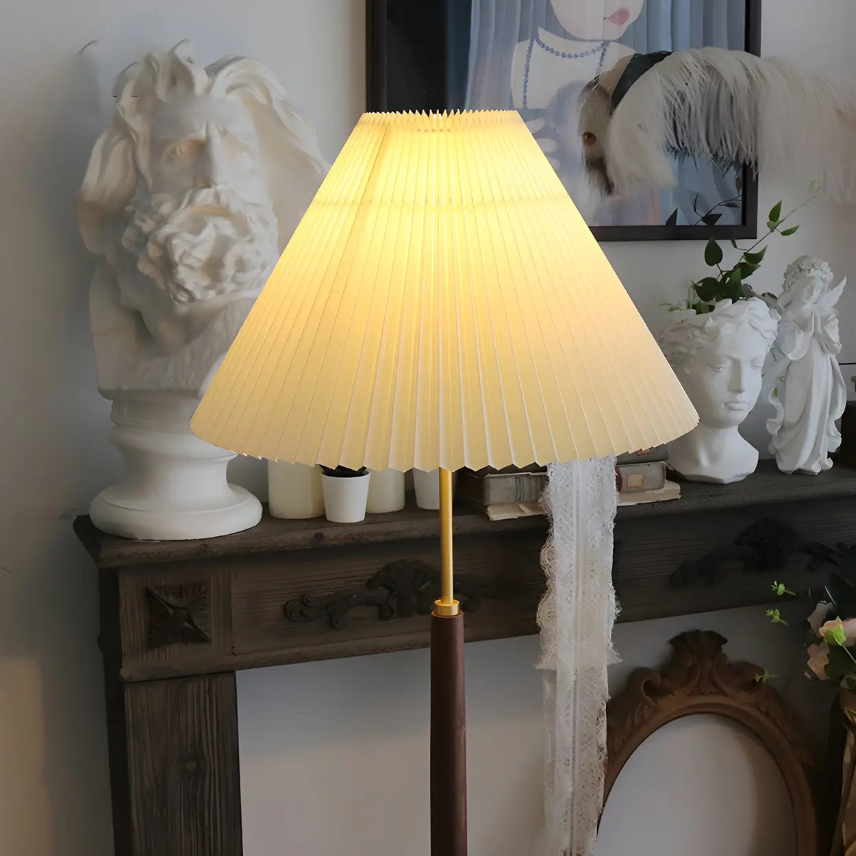 Vintage Walnut Metal Floor Lamp with Pleated Shade
