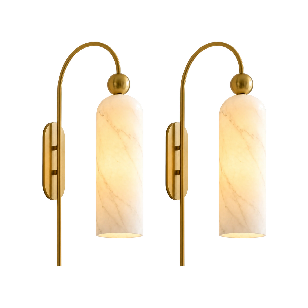 Set of 2 Arco Sottile gooseneck wall sconces with alabaster shades, lit, on white