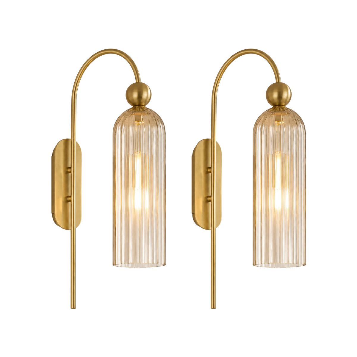 Set of 2 Arco Sottile gooseneck wall sconces with clear ribbed glass shades, lit, on white