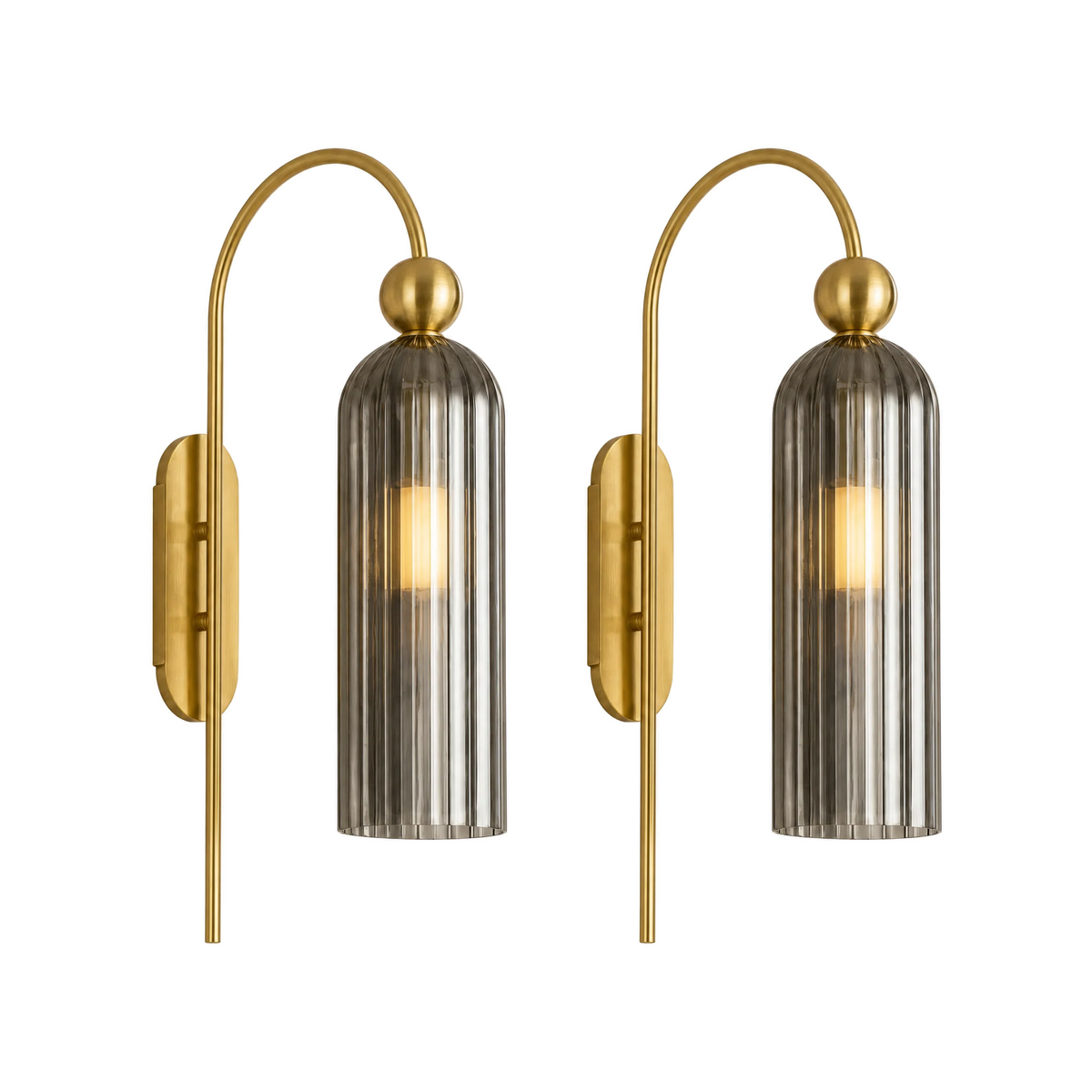 Set of 2 Arco Sottile gooseneck wall sconces with gray ribbed glass shades, lit, on white